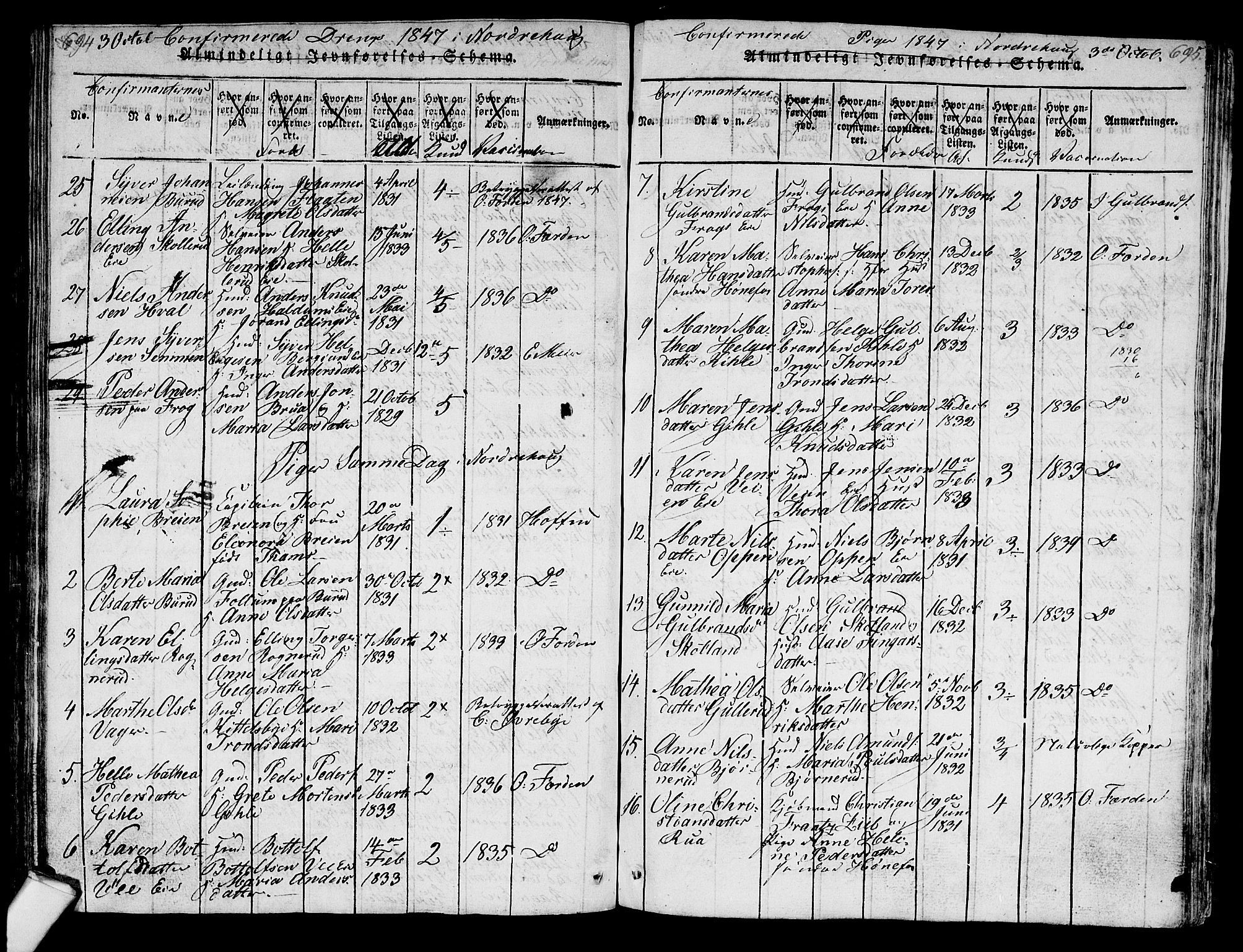 Norderhov kirkebøker, SAKO/A-237/G/Ga/L0003: Parish register (copy) no. I 3 /1, 1814-1876, p. 694-695