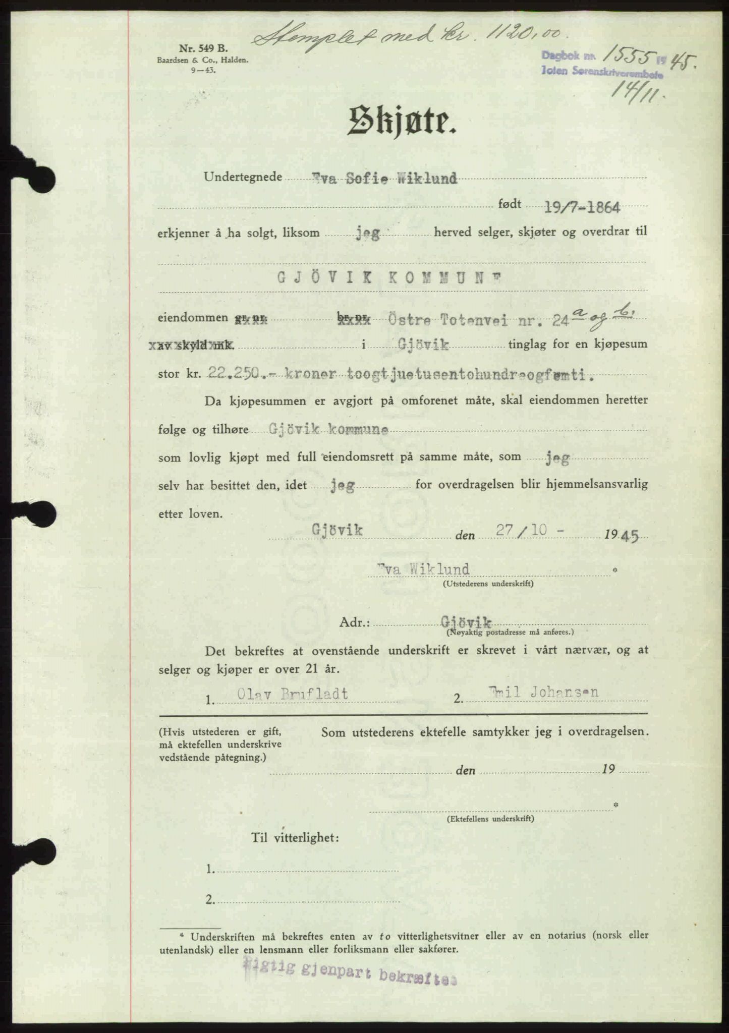 Toten tingrett, SAH/TING-006/H/Hb/Hbc/L0013: Mortgage book no. Hbc-13, 1945-1945, Diary no: : 1555/1945
