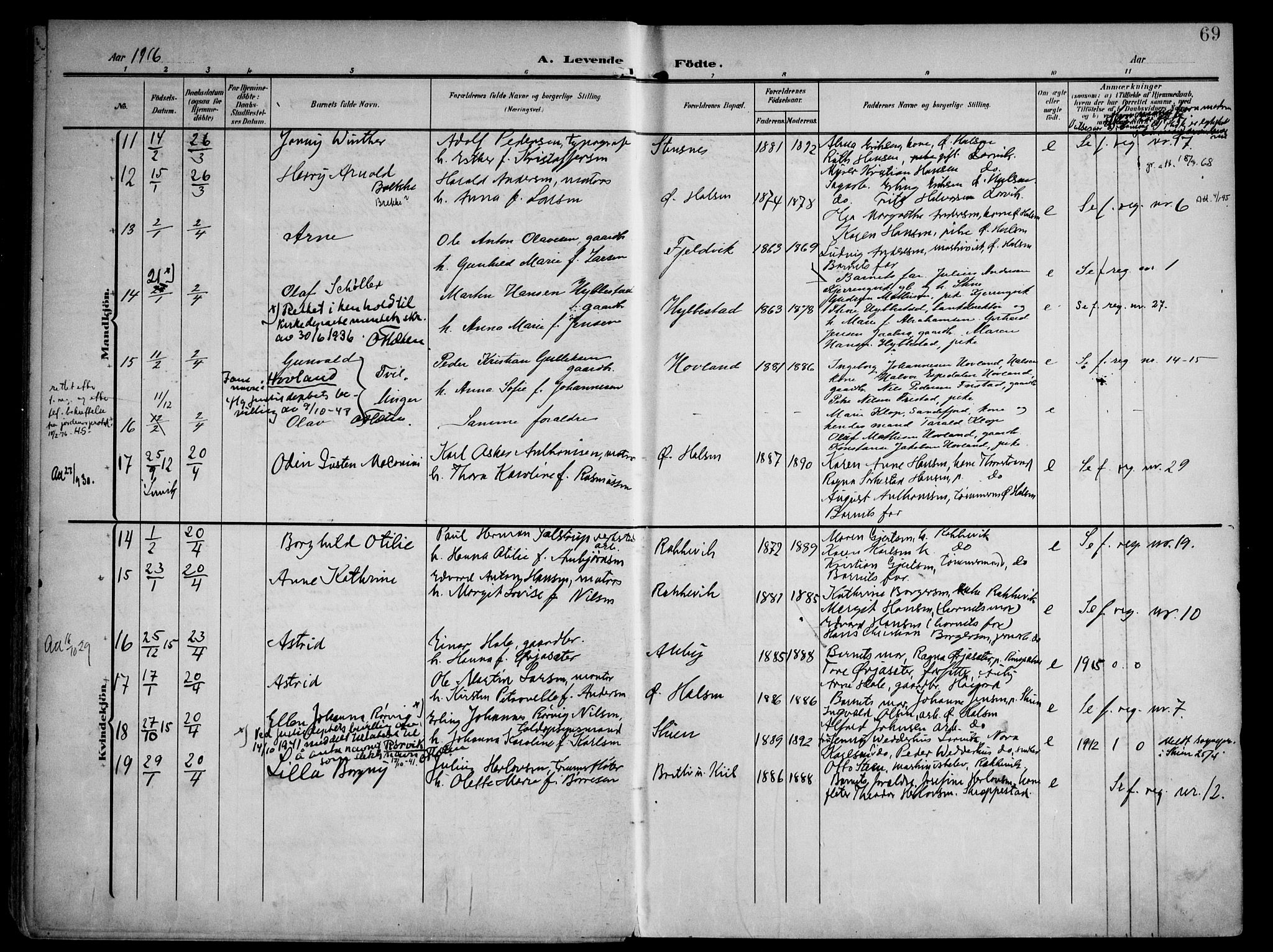 Tjølling kirkebøker, AV/SAKO-A-60/F/Fa/L0010: Parish register (official) no. 10, 1906-1923, p. 69