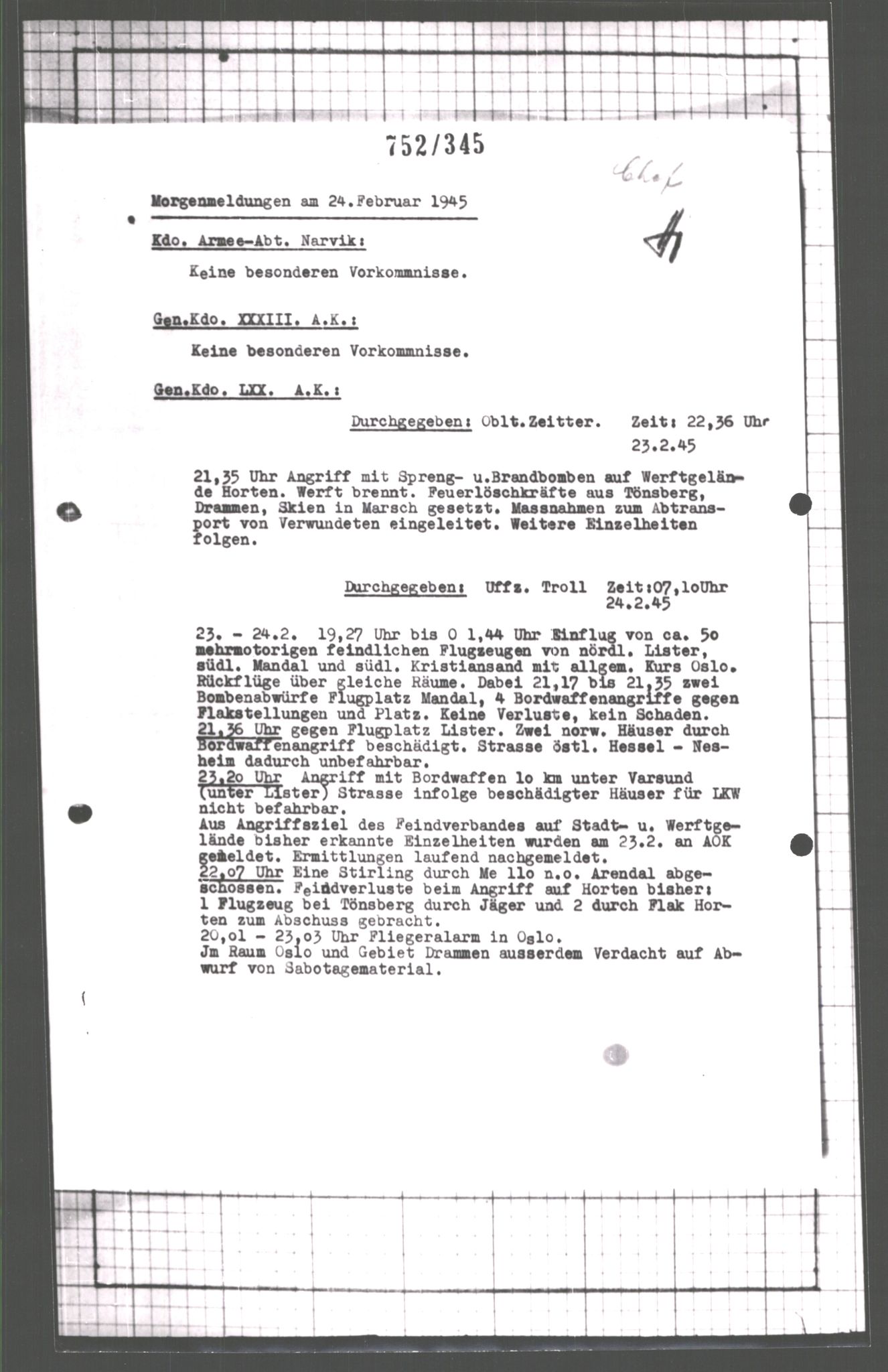 Forsvarets Overkommando. 2 kontor. Arkiv 11.4. Spredte tyske arkivsaker, AV/RA-RAFA-7031/D/Dar/Dara/L0007: Krigsdagbøker for 20. Gebirgs-Armee-Oberkommando (AOK 20), 1945, p. 599