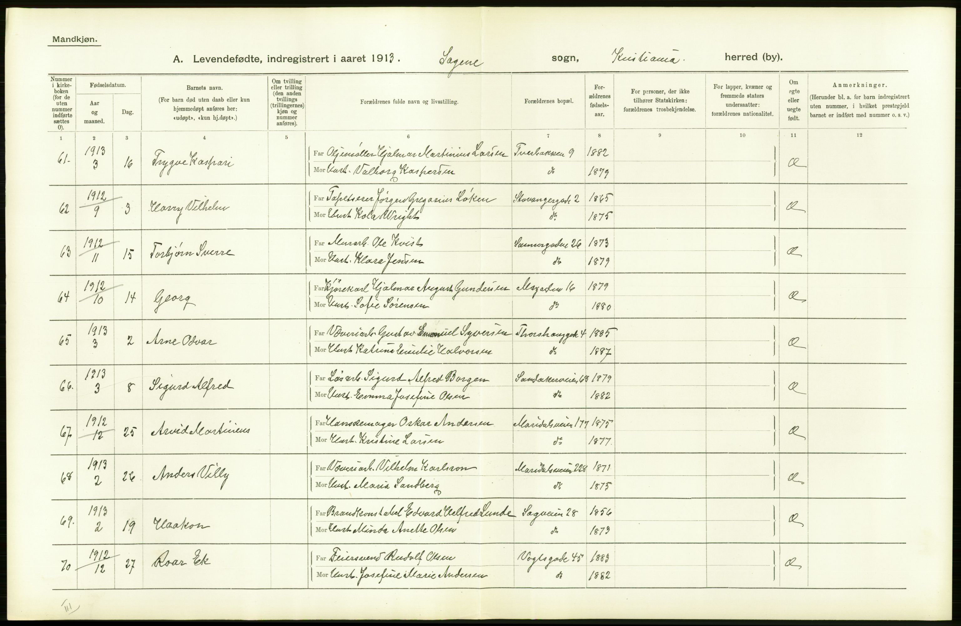 Statistisk sentralbyrå, Sosiodemografiske emner, Befolkning, AV/RA-S-2228/D/Df/Dfb/Dfbc/L0006: Kristiania: Levendefødte menn og kvinner., 1913, p. 50