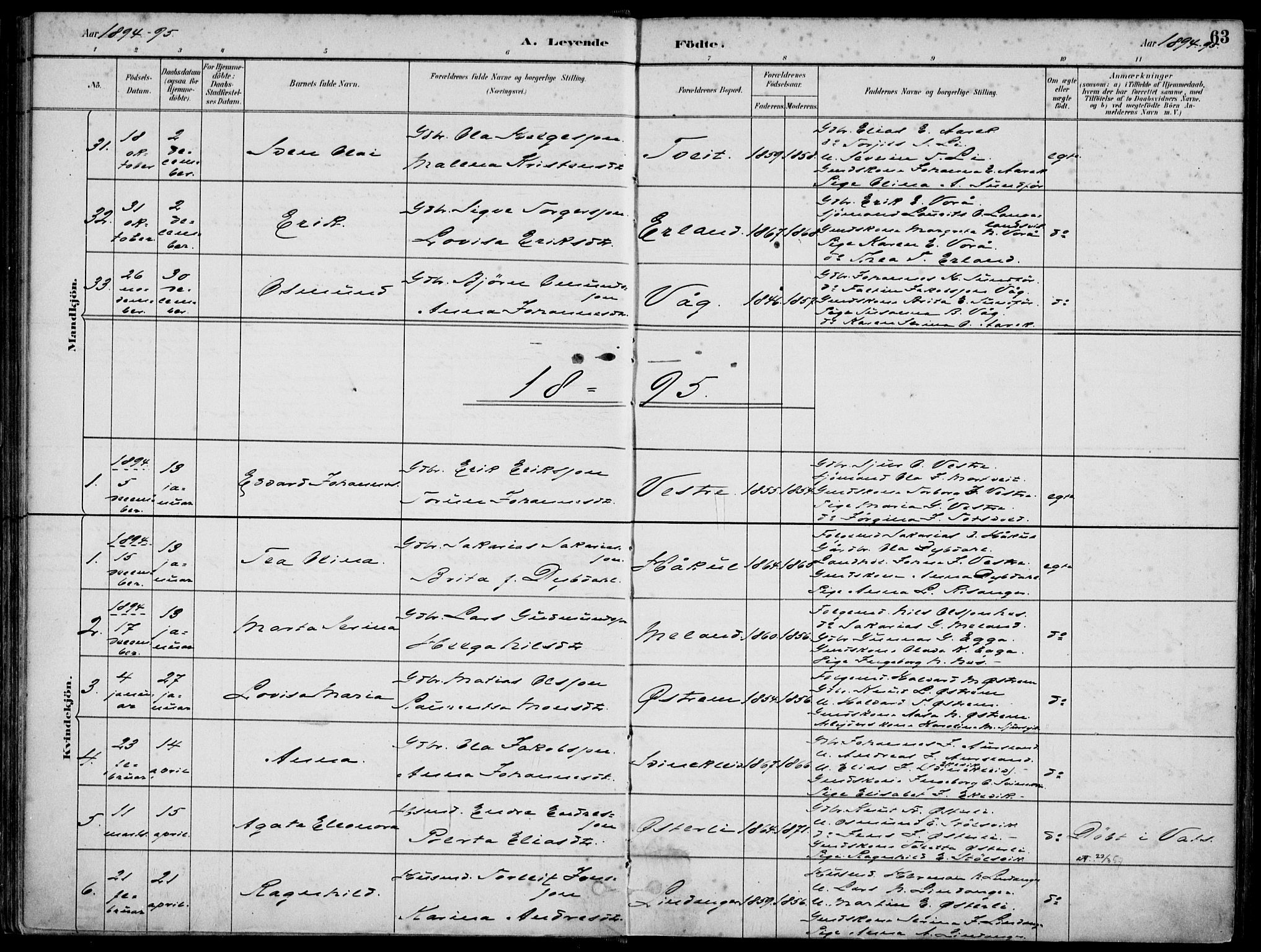 Skjold sokneprestkontor, SAST/A-101847/H/Ha/Haa/L0010: Parish register (official) no. A 10, 1882-1897, p. 63