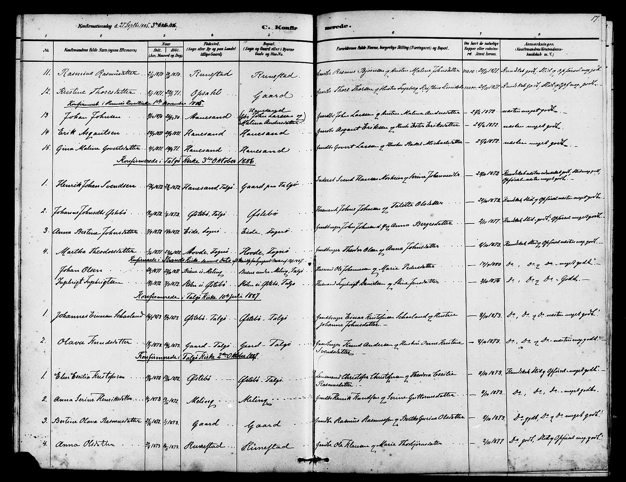 Finnøy sokneprestkontor, SAST/A-101825/H/Ha/Haa/L0009: Parish register (official) no. A 9, 1879-1888, p. 17