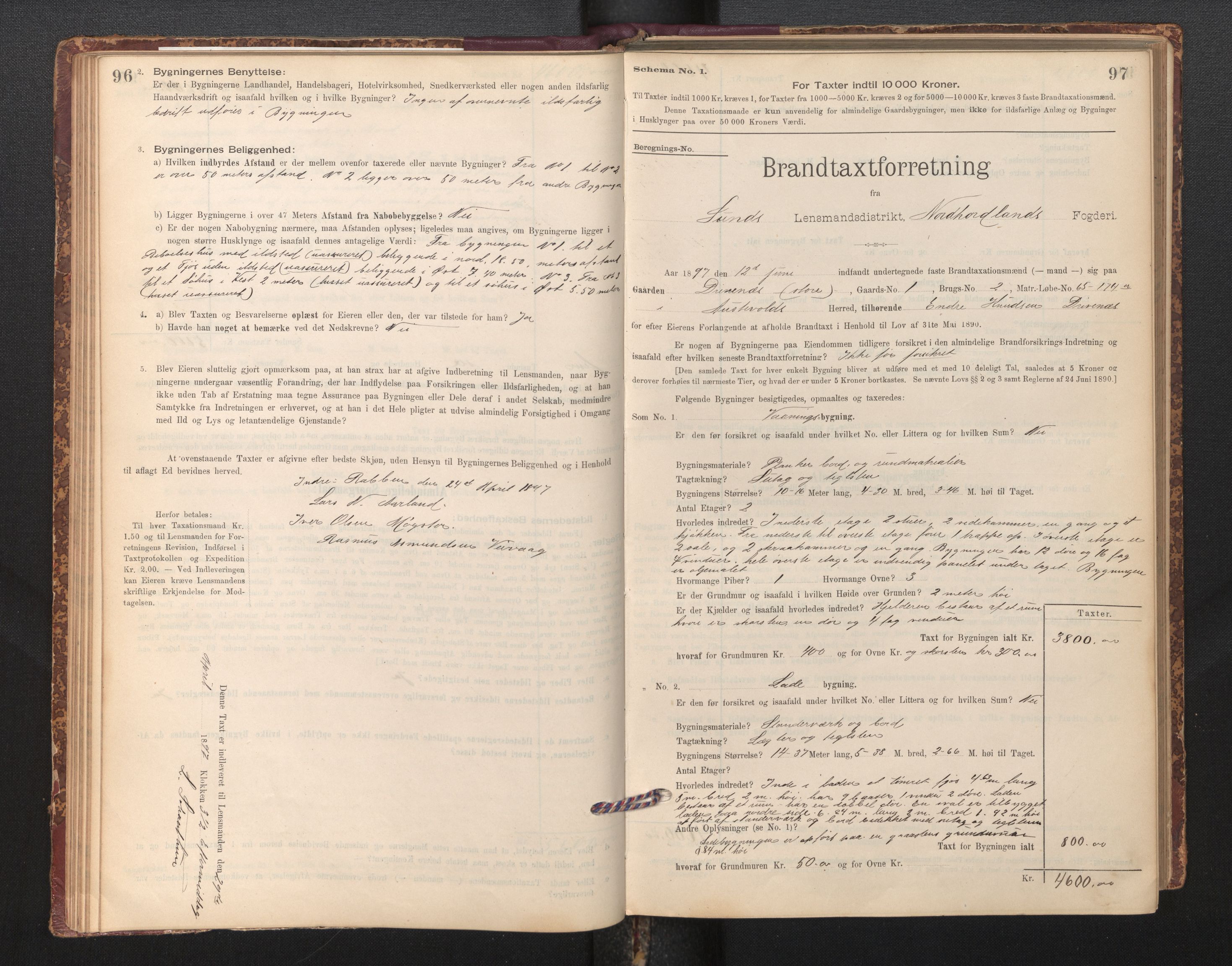 Lensmannen i Sund og Austevoll, AV/SAB-A-35201/0012/L0003: Branntakstprotokoll, skjematakst, 1894-1917, p. 96-97