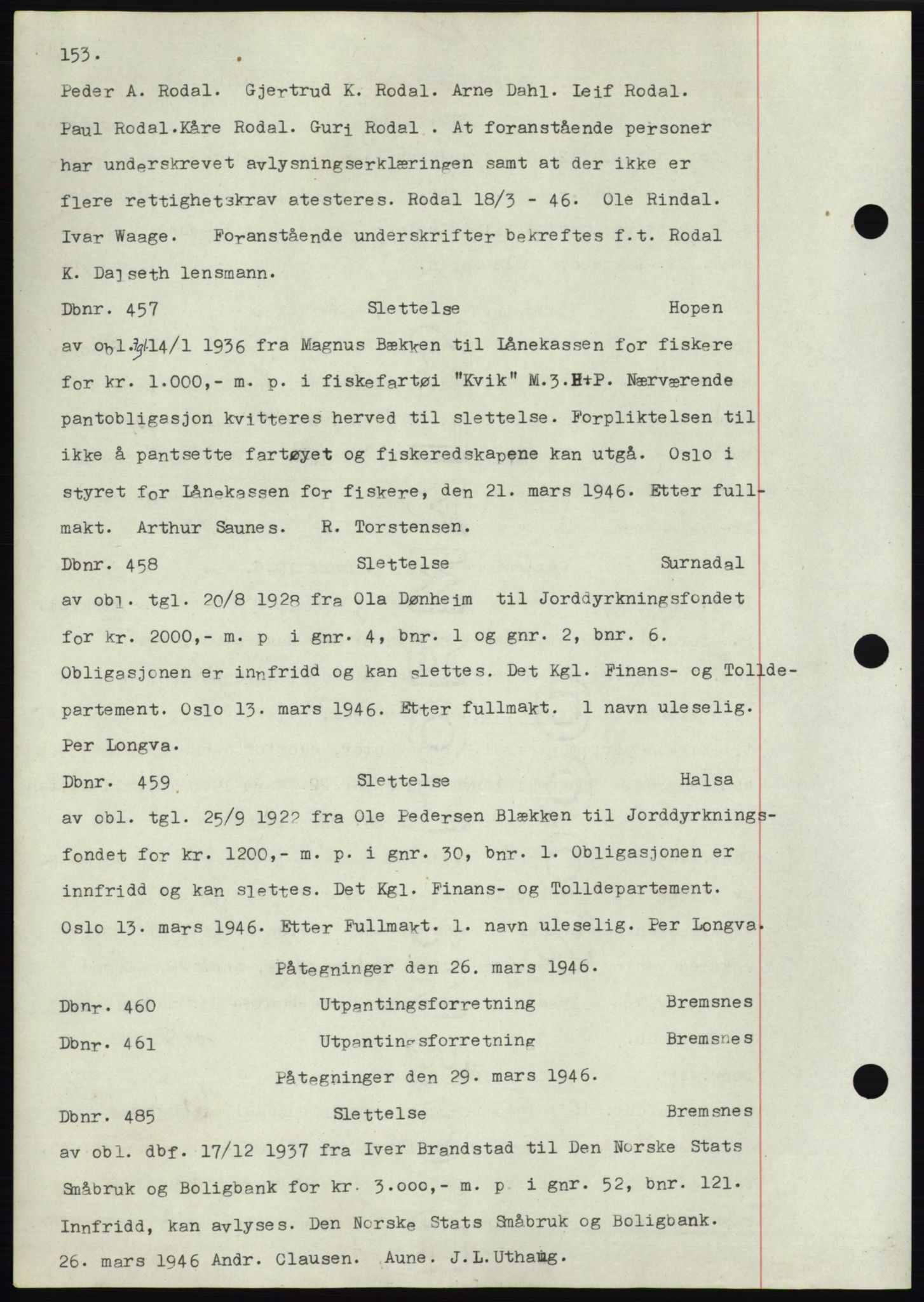 Nordmøre sorenskriveri, SAT/A-4132/1/2/2Ca: Mortgage book no. C82b, 1946-1951, Diary no: : 457/1946