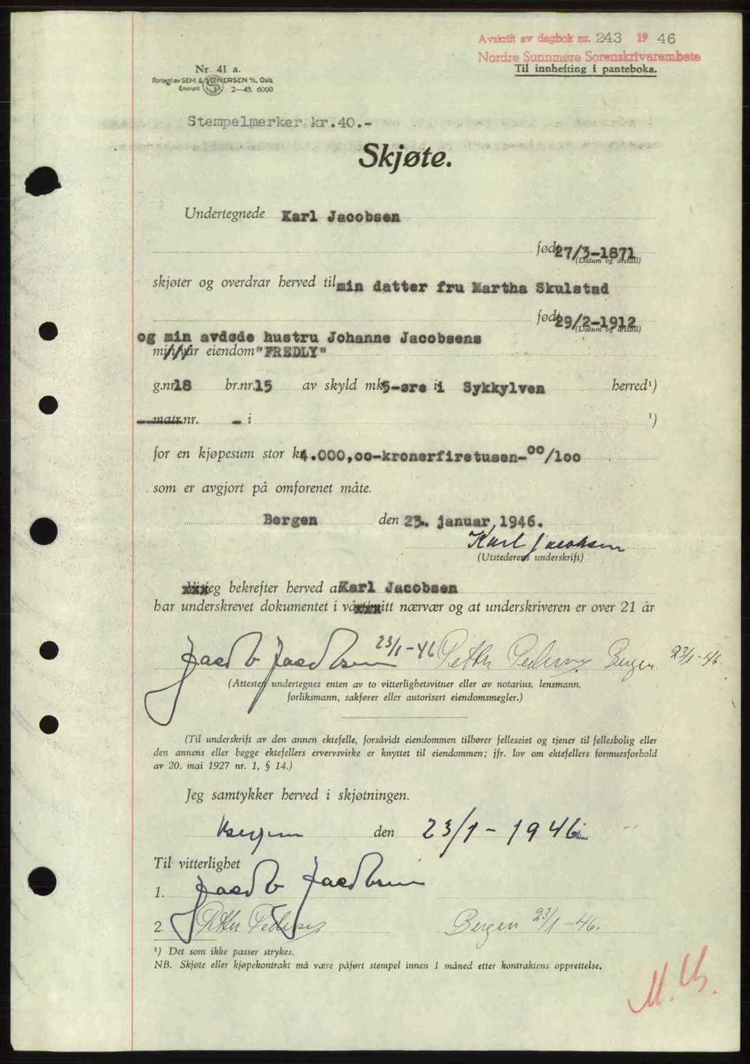 Nordre Sunnmøre sorenskriveri, AV/SAT-A-0006/1/2/2C/2Ca: Mortgage book no. A20b, 1946-1946, Diary no: : 243/1946