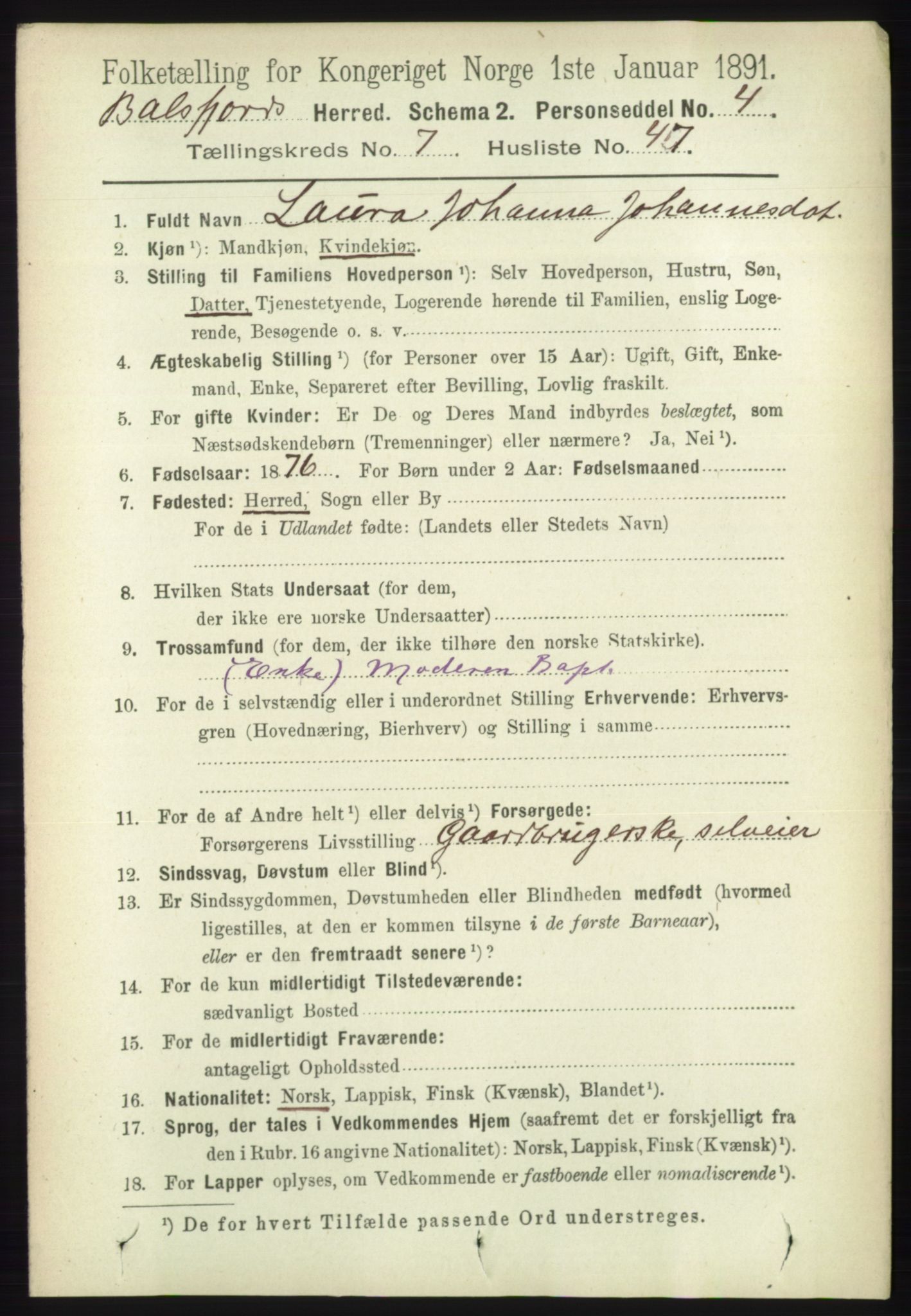 RA, 1891 census for 1933 Balsfjord, 1891, p. 2350