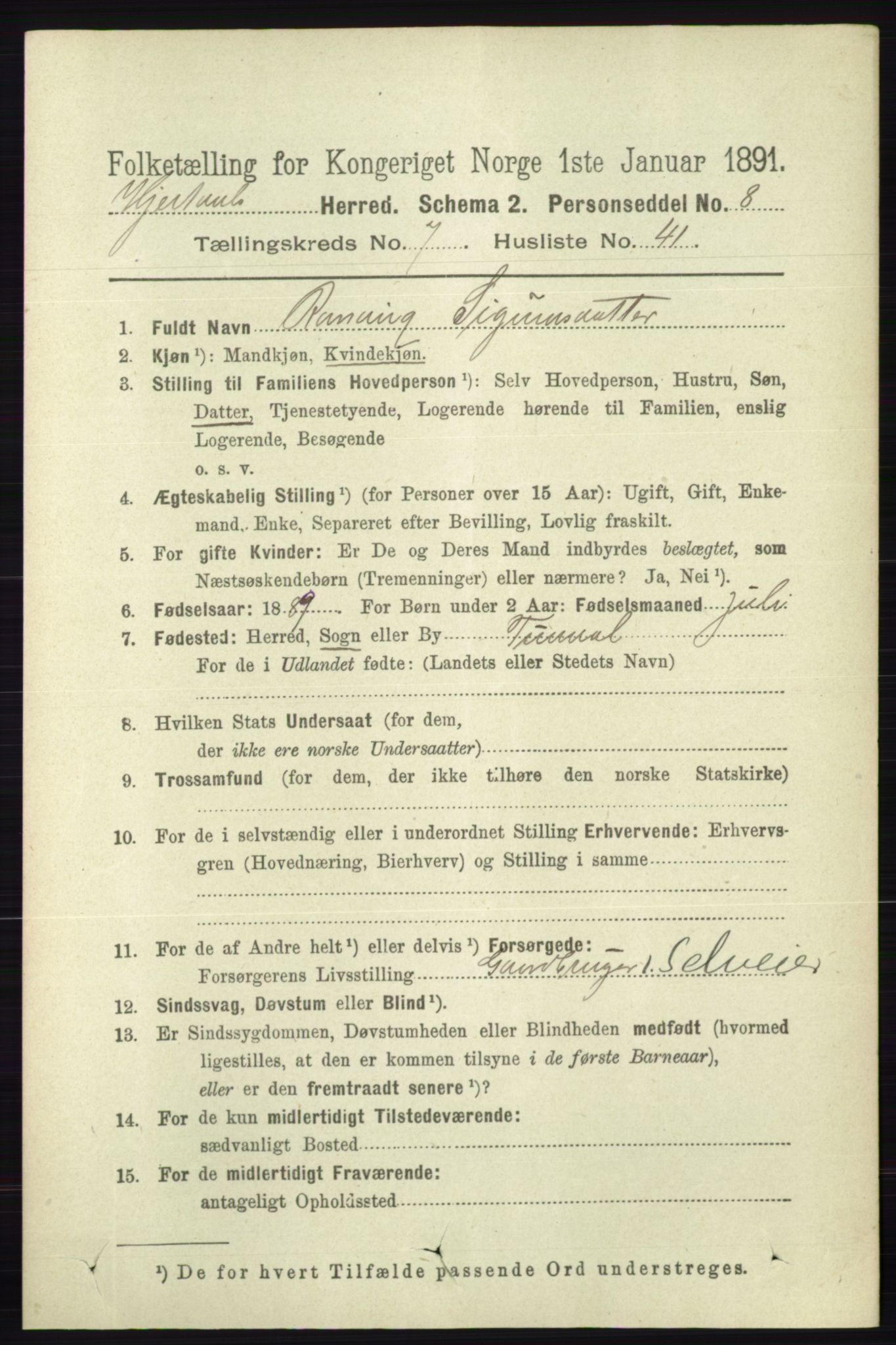 RA, 1891 census for 0827 Hjartdal, 1891, p. 2765