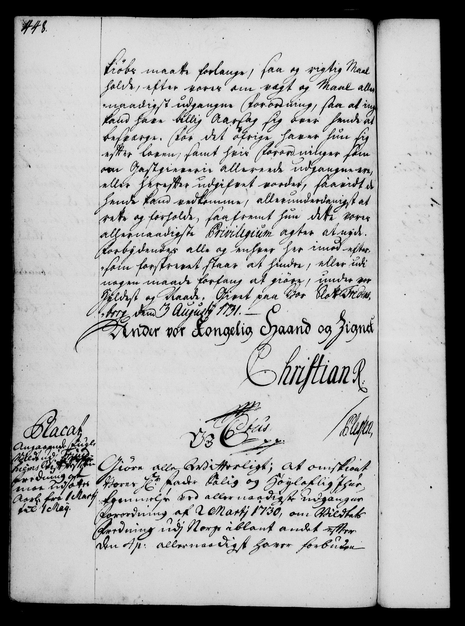 Rentekammeret, Kammerkanselliet, AV/RA-EA-3111/G/Gg/Gga/L0003: Norsk ekspedisjonsprotokoll med register (merket RK 53.3), 1727-1734, p. 448