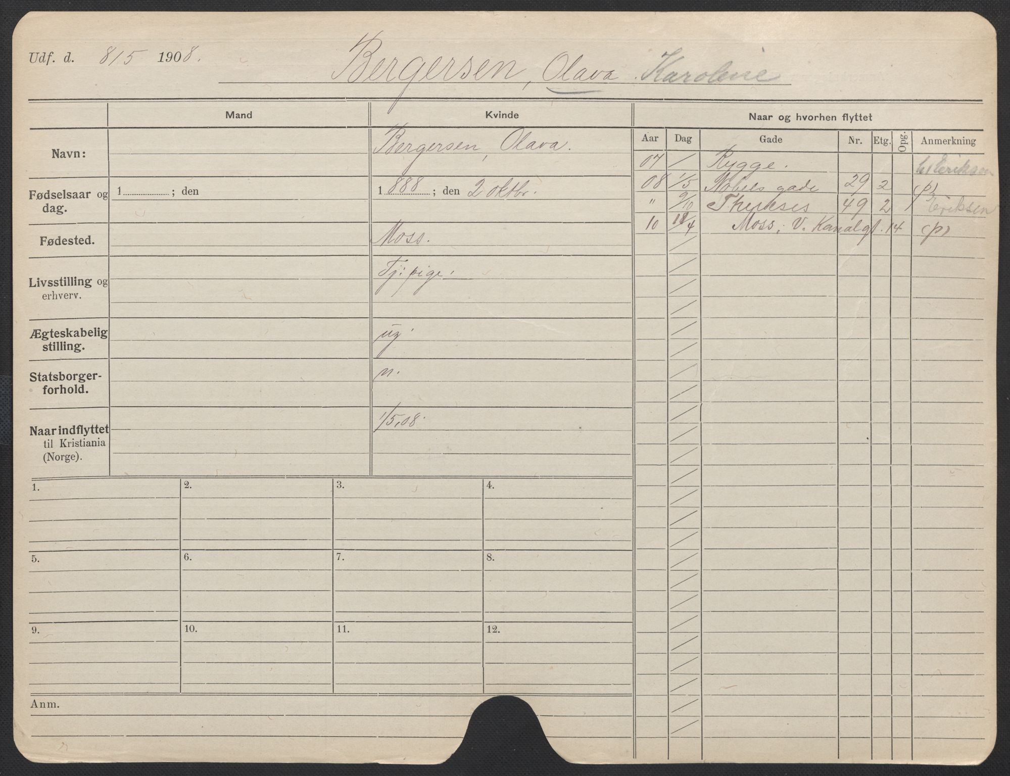 Oslo folkeregister, Registerkort, AV/SAO-A-11715/F/Fa/Fac/L0013: Kvinner, 1906-1914, p. 224a