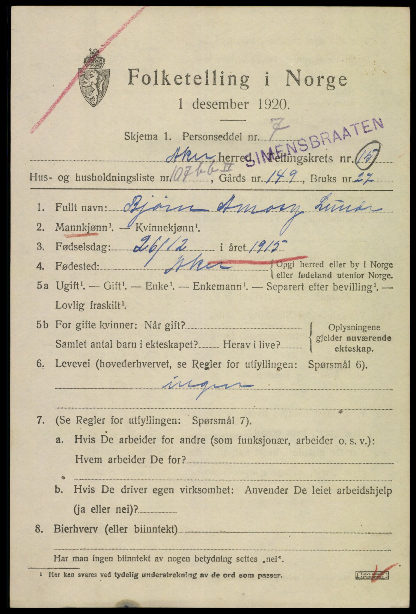 SAO, 1920 census for Aker, 1920, p. 86384