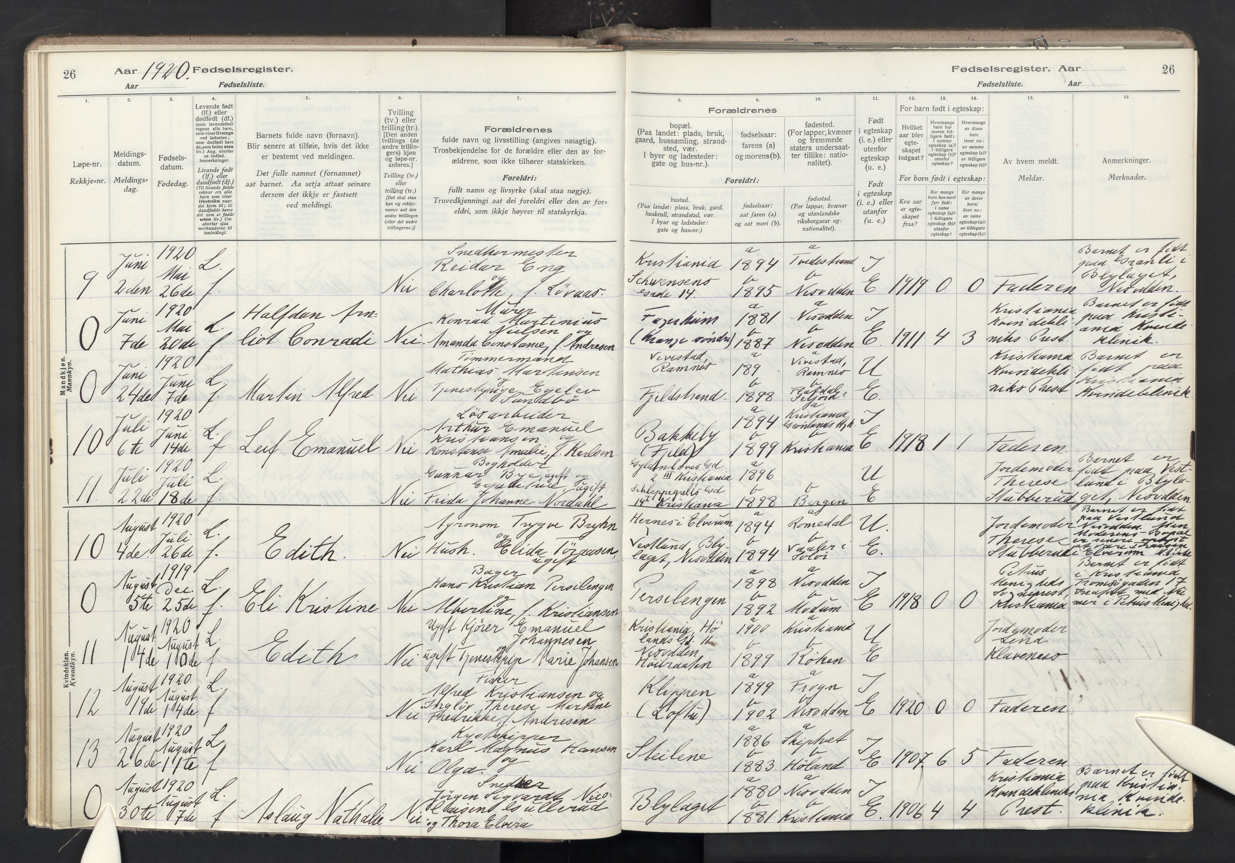 Nesodden prestekontor Kirkebøker, AV/SAO-A-10013/J/Ja/L0001: Birth register no. I 1, 1916-1946, p. 26