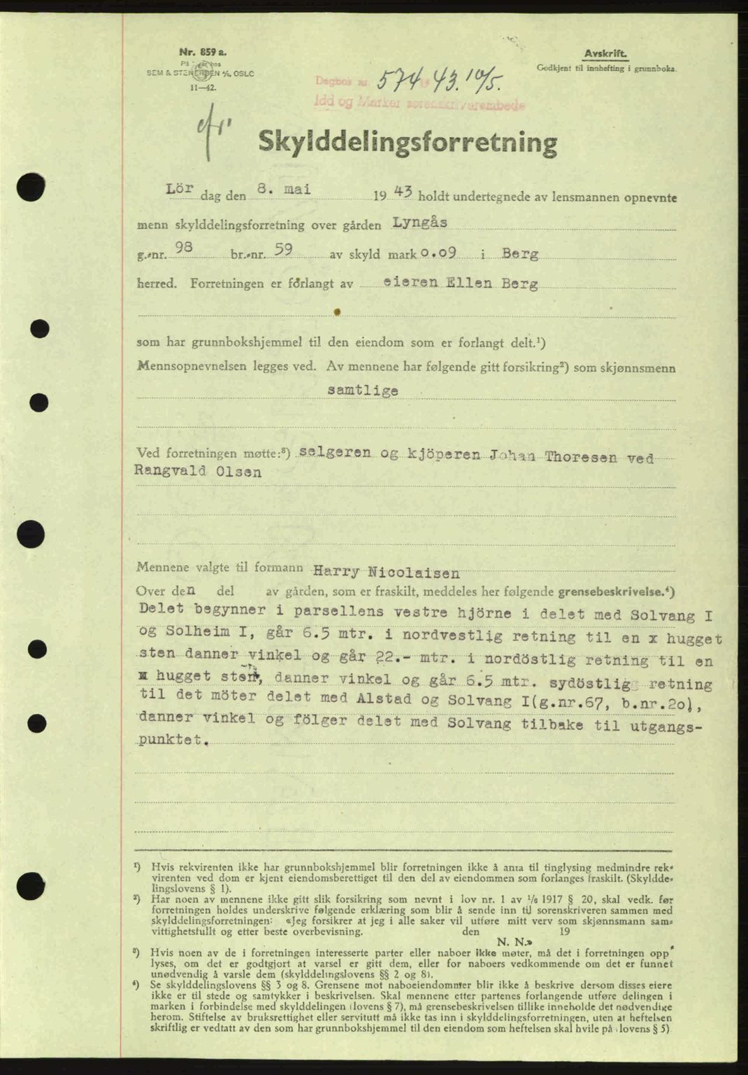 Idd og Marker sorenskriveri, AV/SAO-A-10283/G/Gb/Gbb/L0006: Mortgage book no. A6, 1943-1944, Diary no: : 574/1943