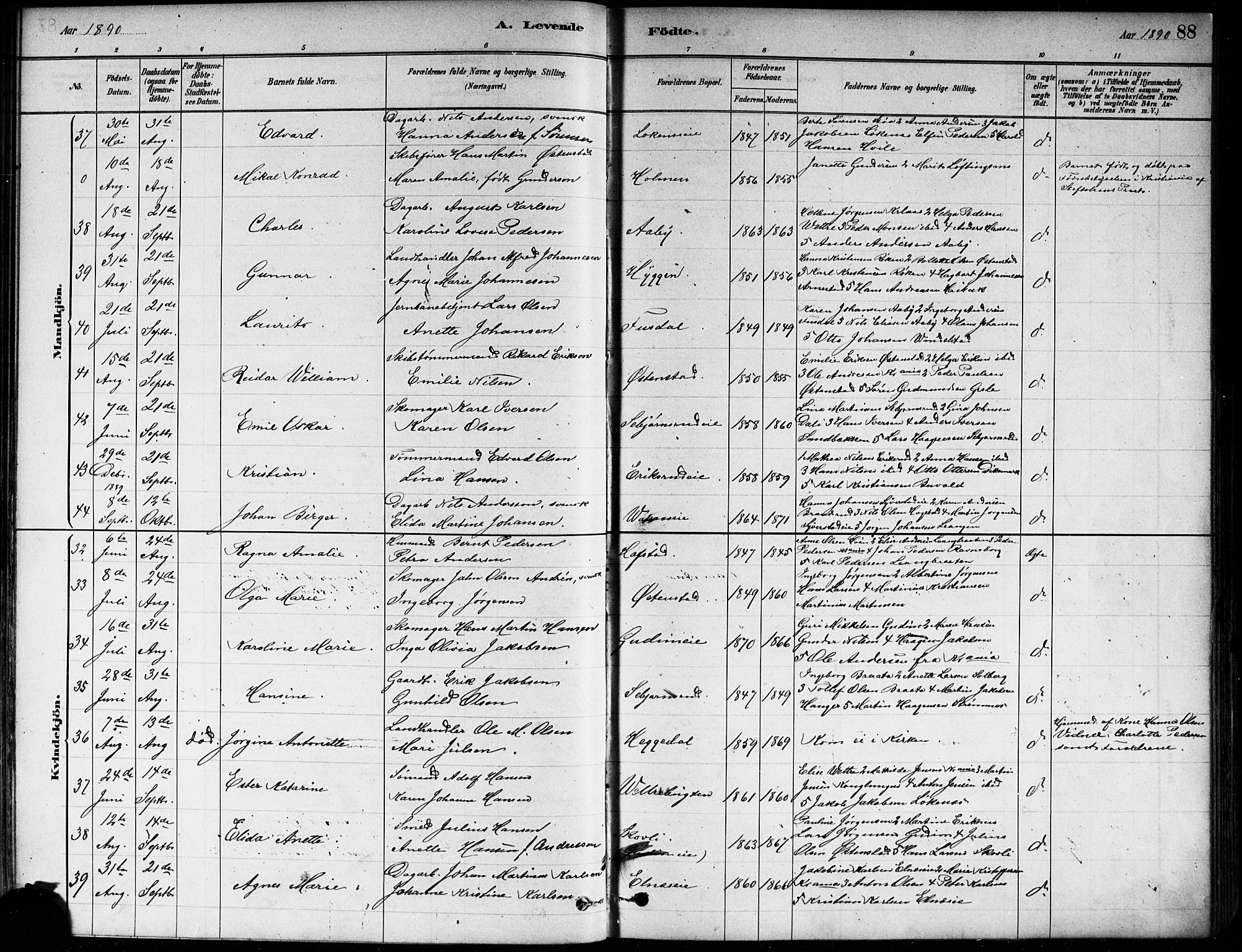 Asker prestekontor Kirkebøker, SAO/A-10256a/F/Fa/L0013: Parish register (official) no. I 13, 1879-1896, p. 88