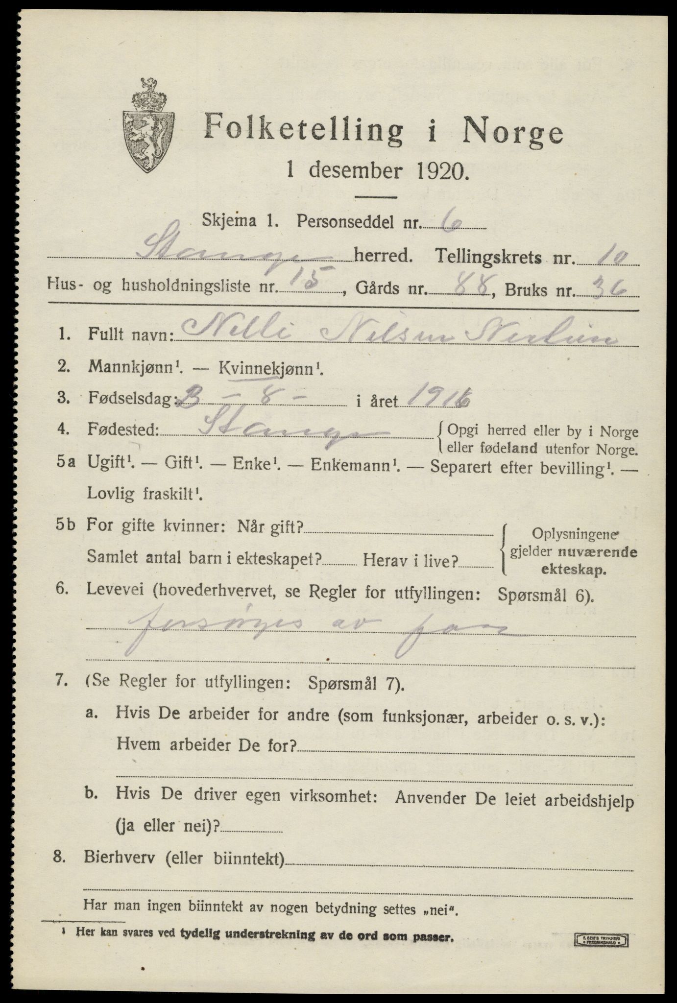 SAH, 1920 census for Stange, 1920, p. 16033