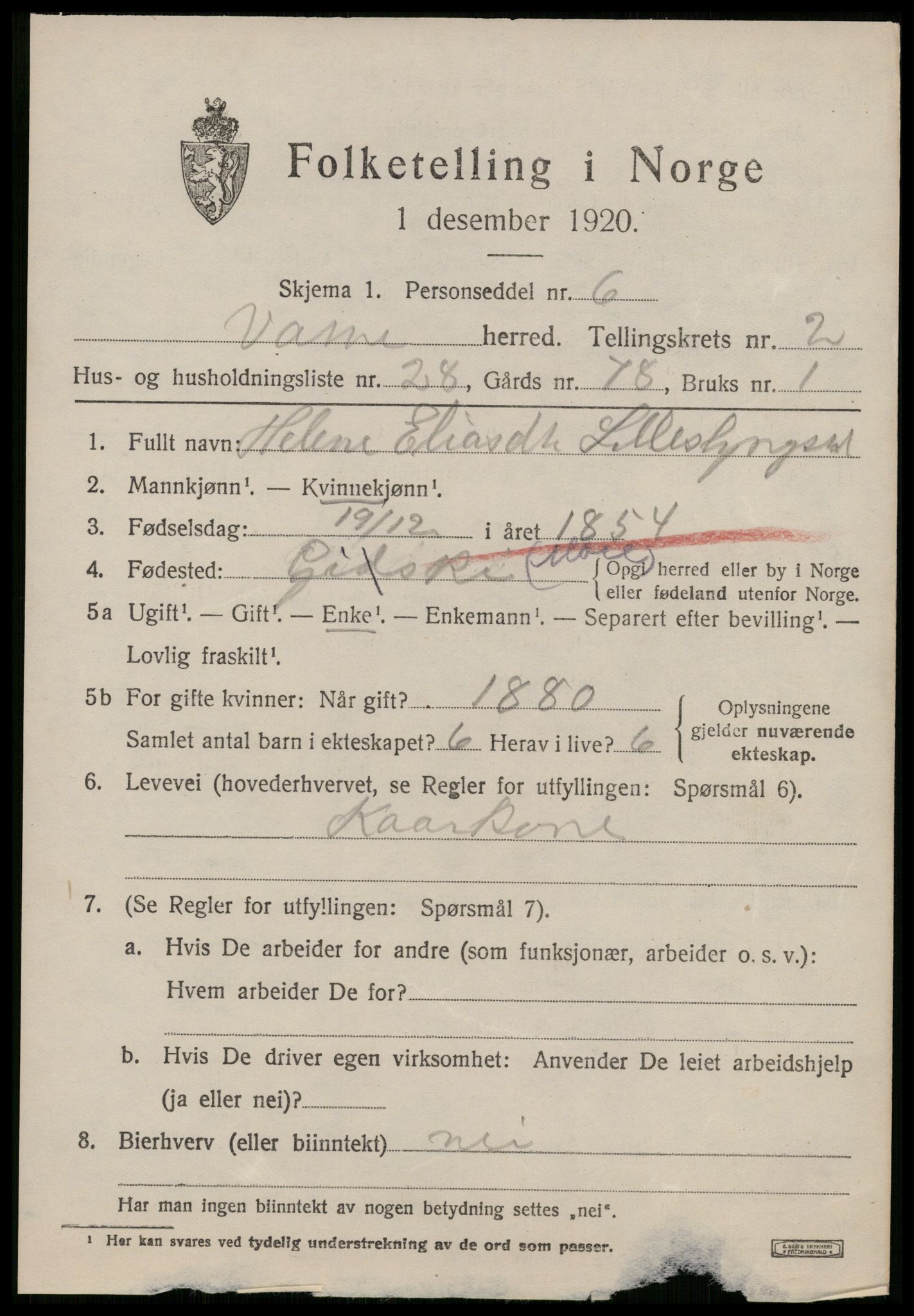 SAT, 1920 census for Vatne, 1920, p. 1396