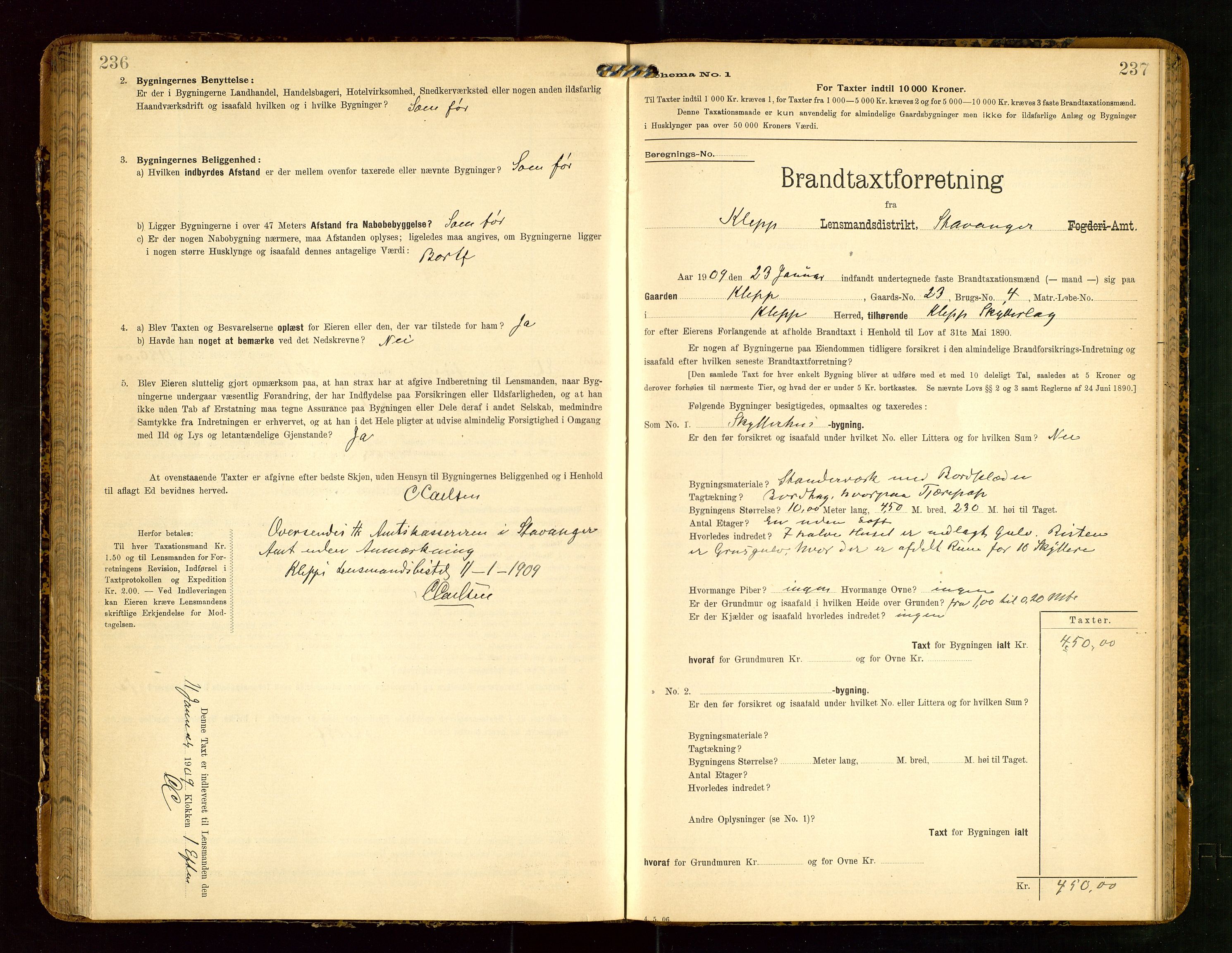 Klepp lensmannskontor, AV/SAST-A-100163/Goc/L0004: "Brandtaxationsprotokol" m/register, 1906-1908, p. 236-237