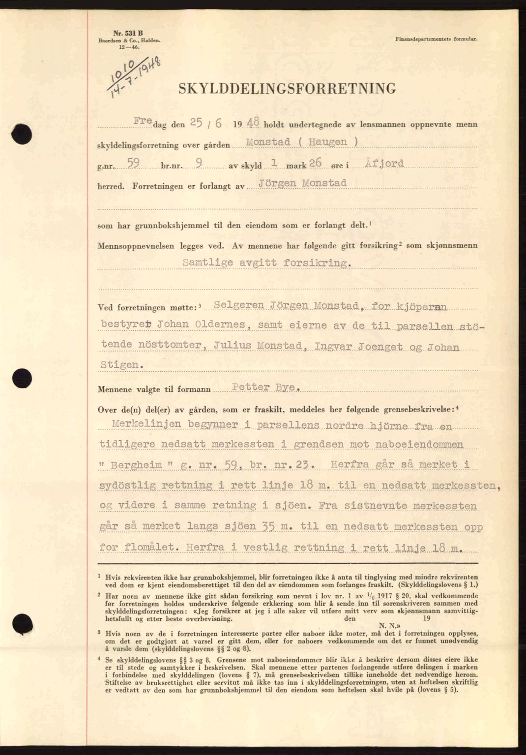 Fosen sorenskriveri, AV/SAT-A-1107/1/2/2C: Mortgage book no. A8, 1948-1948, Diary no: : 1010/1948