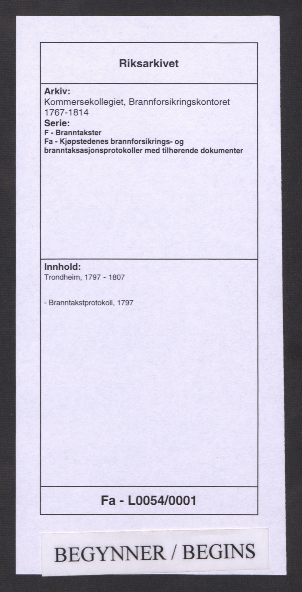 Kommersekollegiet, Brannforsikringskontoret 1767-1814, RA/EA-5458/F/Fa/L0054/0001: Trondheim / Branntakstprotokoll, 1797