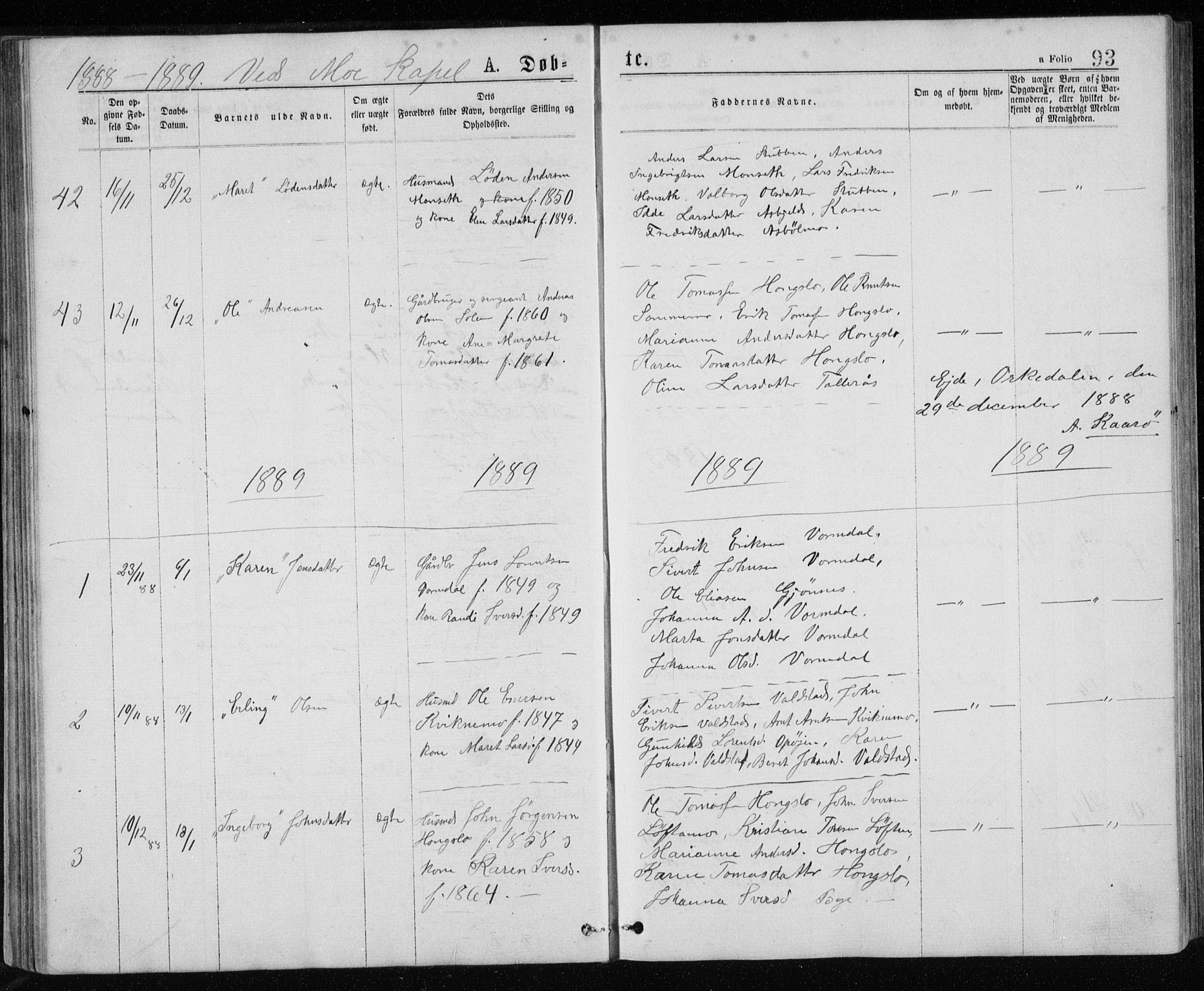 Ministerialprotokoller, klokkerbøker og fødselsregistre - Sør-Trøndelag, SAT/A-1456/671/L0843: Parish register (copy) no. 671C02, 1873-1892, p. 93