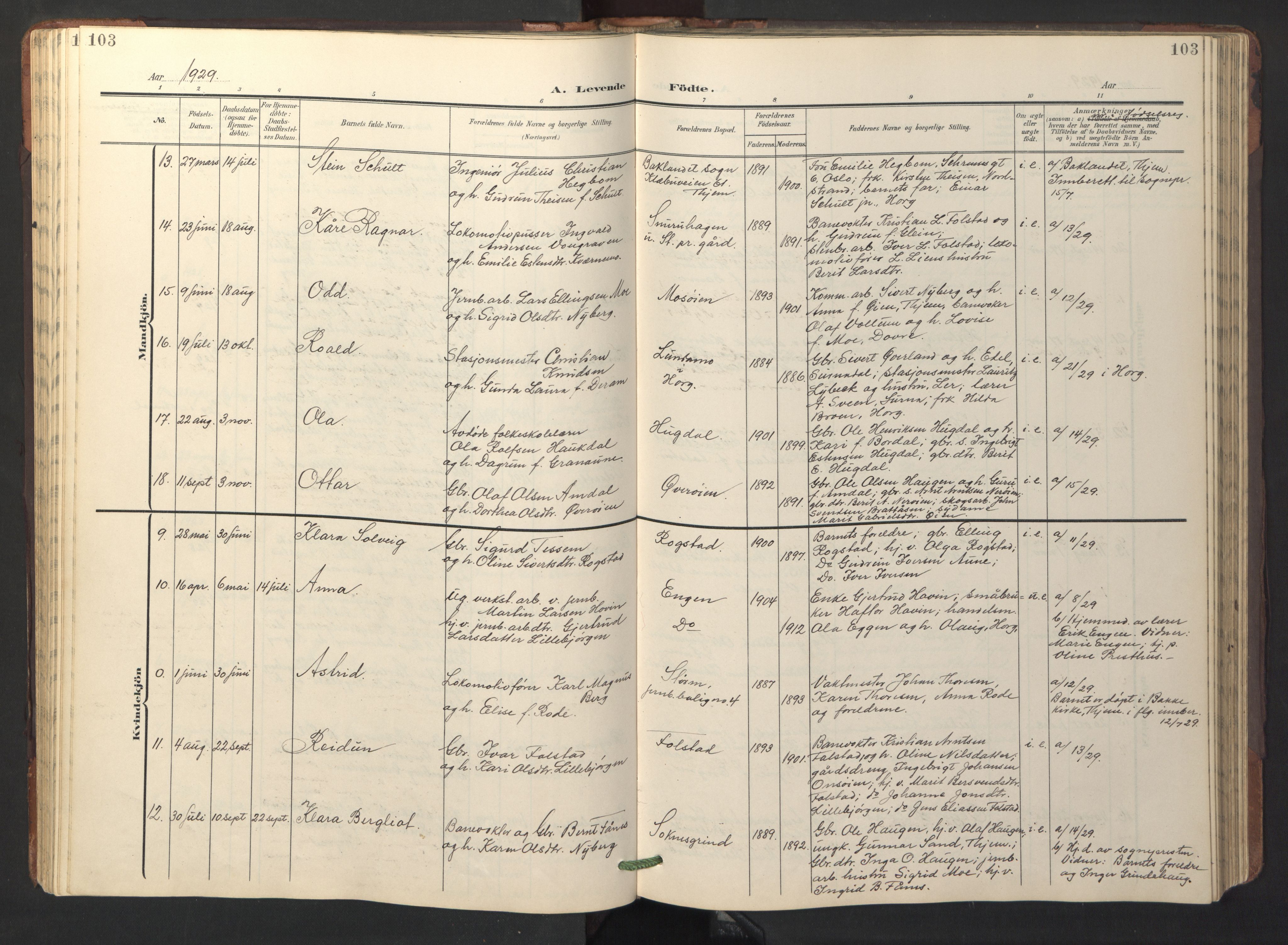 Ministerialprotokoller, klokkerbøker og fødselsregistre - Sør-Trøndelag, SAT/A-1456/687/L1019: Parish register (copy) no. 687C03, 1904-1931, p. 103
