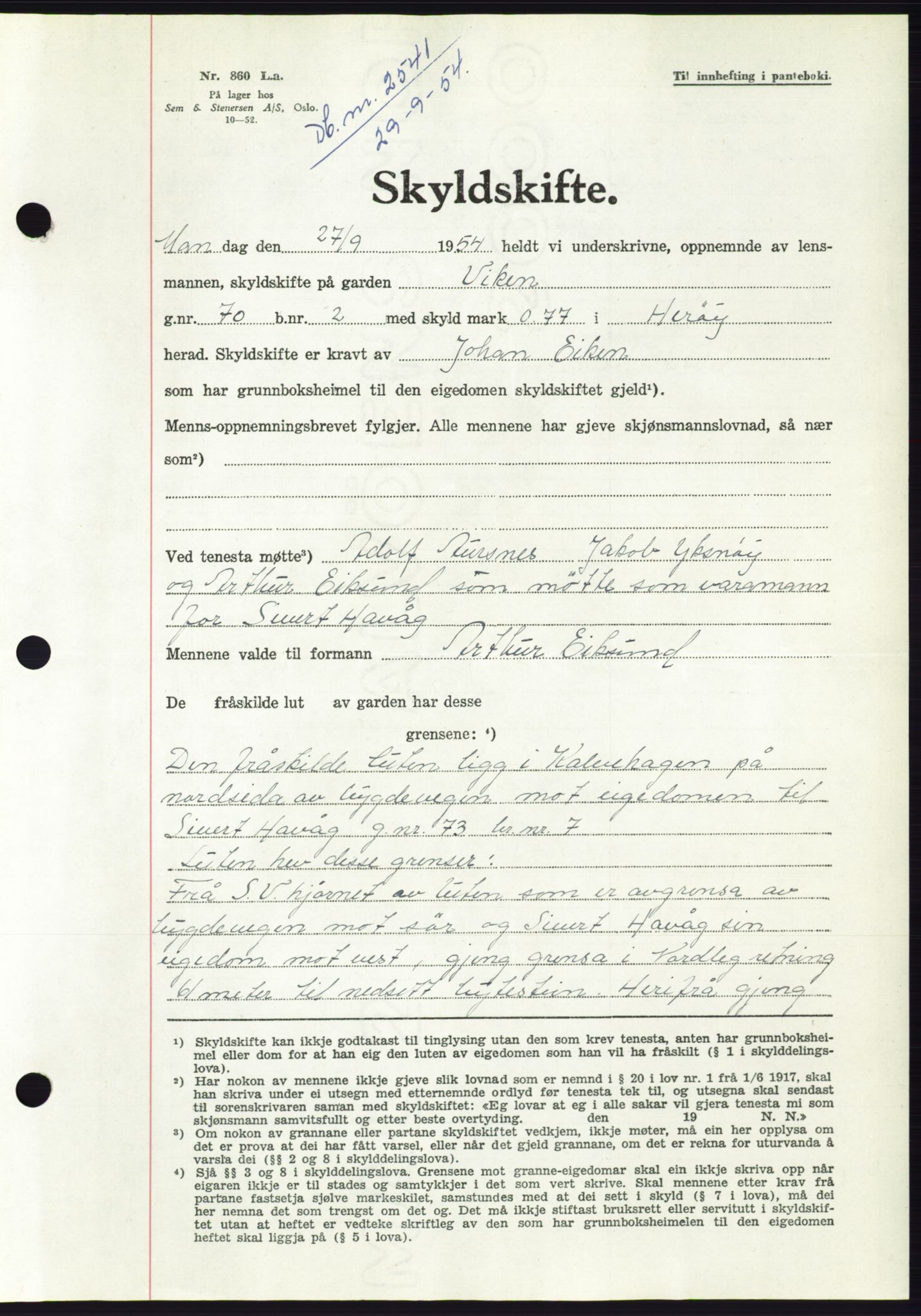Søre Sunnmøre sorenskriveri, AV/SAT-A-4122/1/2/2C/L0099: Mortgage book no. 25A, 1954-1954, Diary no: : 2541/1954