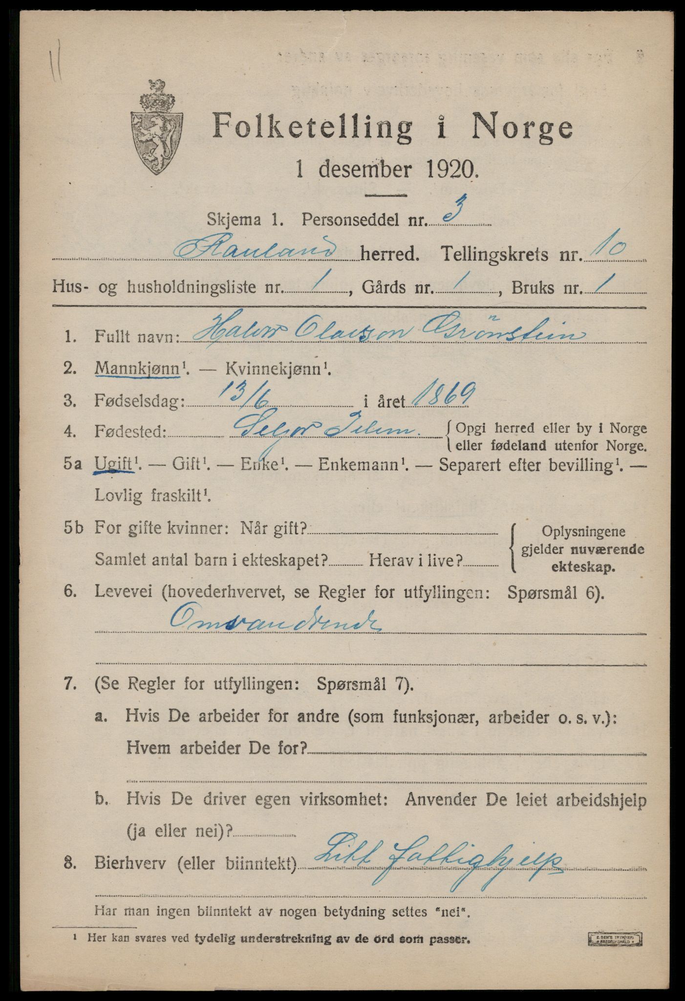 SAKO, 1920 census for Rauland, 1920, p. 2088