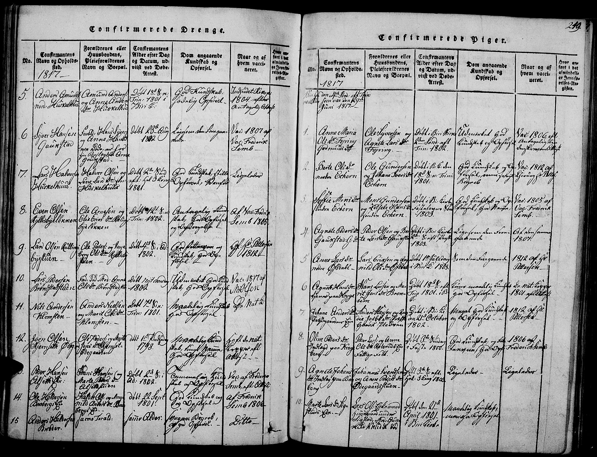 Biri prestekontor, SAH/PREST-096/H/Ha/Haa/L0003: Parish register (official) no. 3, 1814-1828, p. 249
