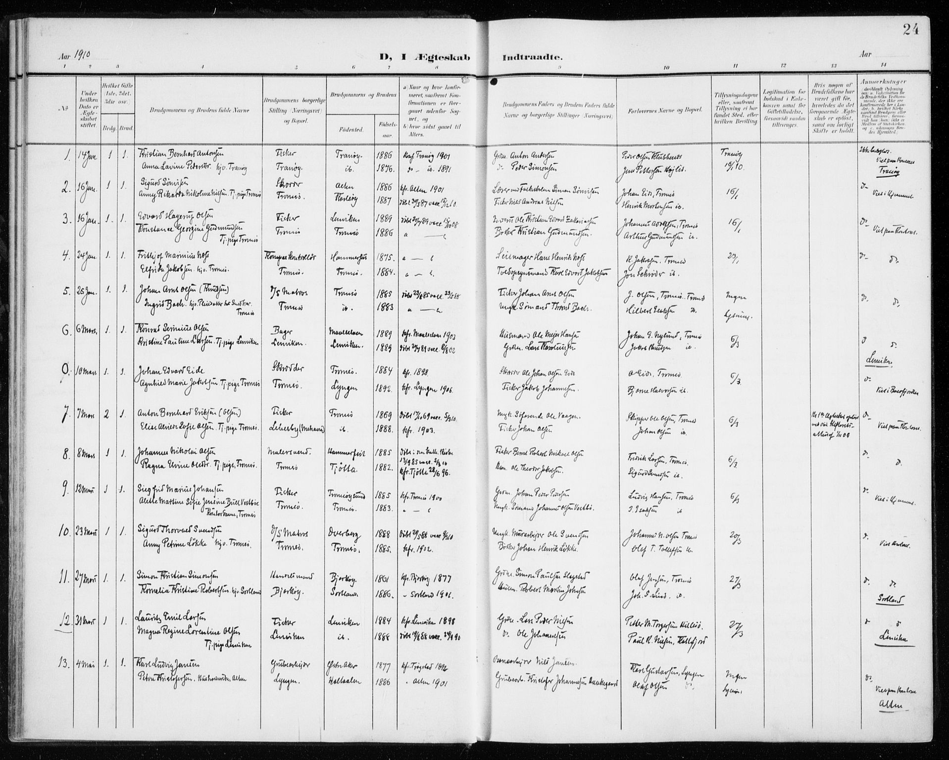 Tromsø sokneprestkontor/stiftsprosti/domprosti, AV/SATØ-S-1343/G/Ga/L0018kirke: Parish register (official) no. 18, 1907-1917, p. 24