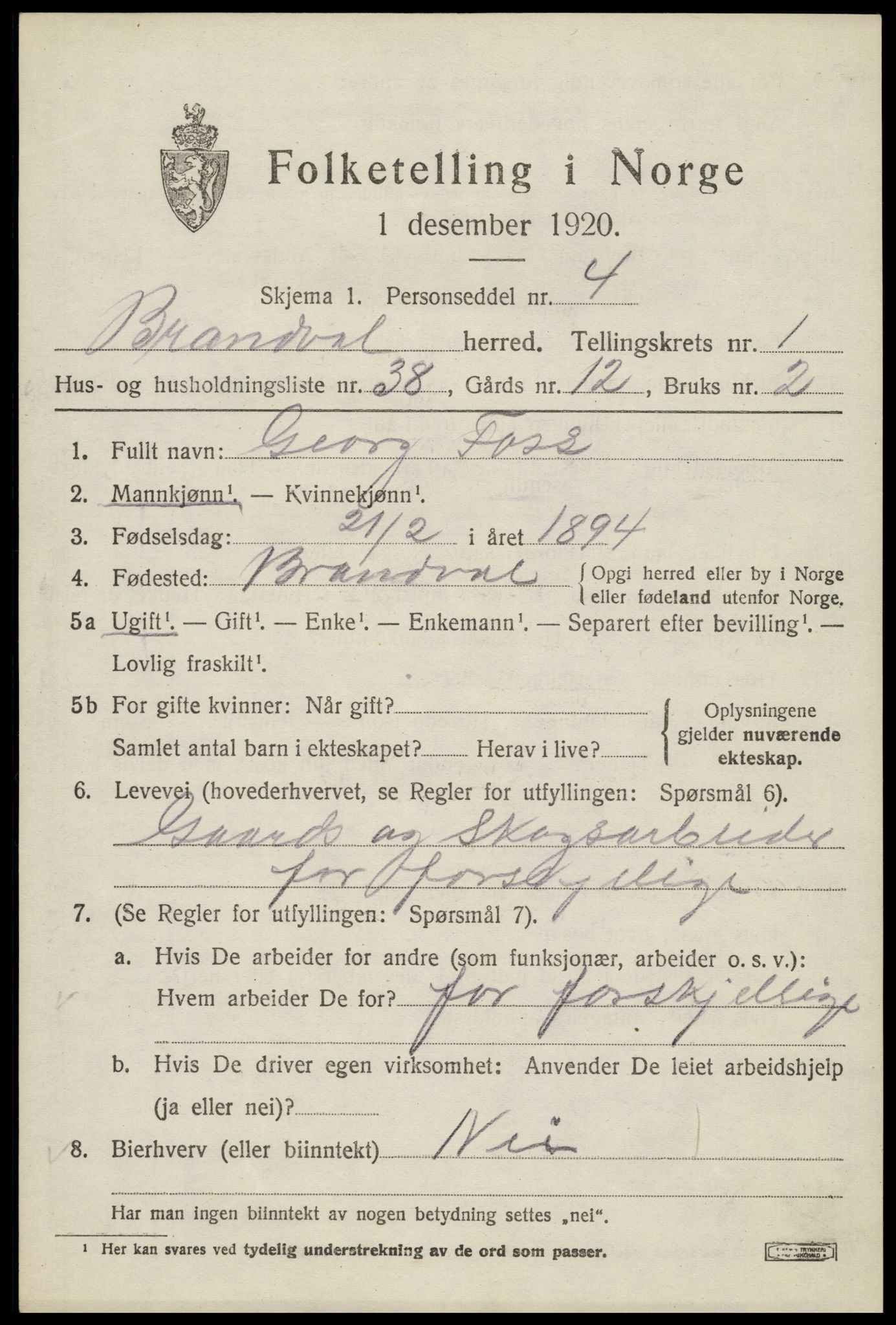 SAH, 1920 census for Brandval, 1920, p. 2010