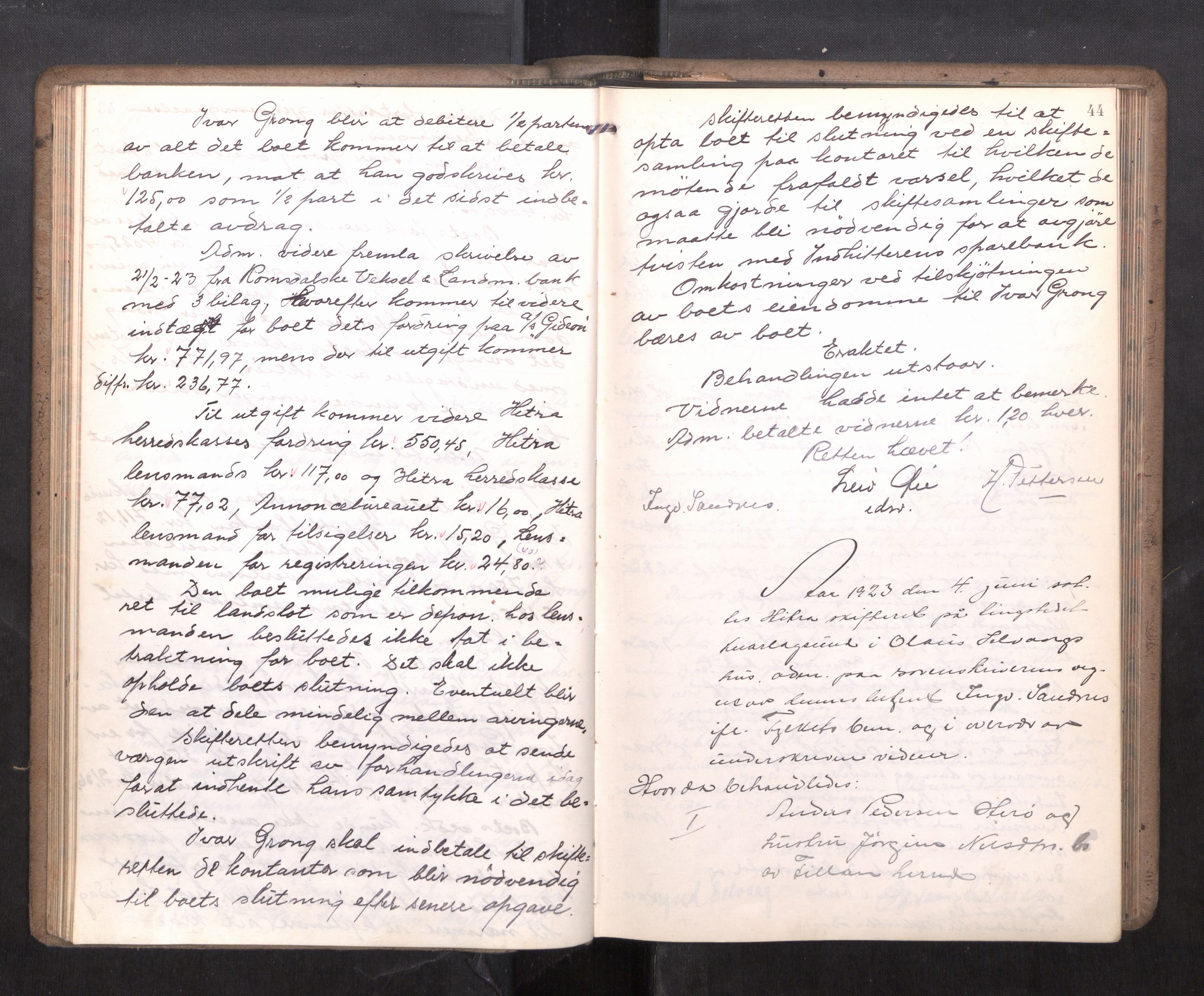 Hitra sorenskriveri, AV/SAT-A-0018/3/3B/L0002: Skifteforhandlingsprotokoll, 1922-1927, p. 43b-44a