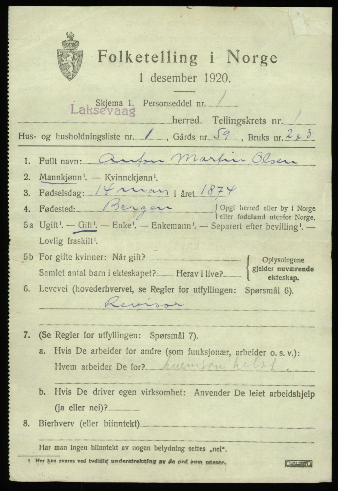 SAB, 1920 census for Laksevåg, 1920, p. 2014