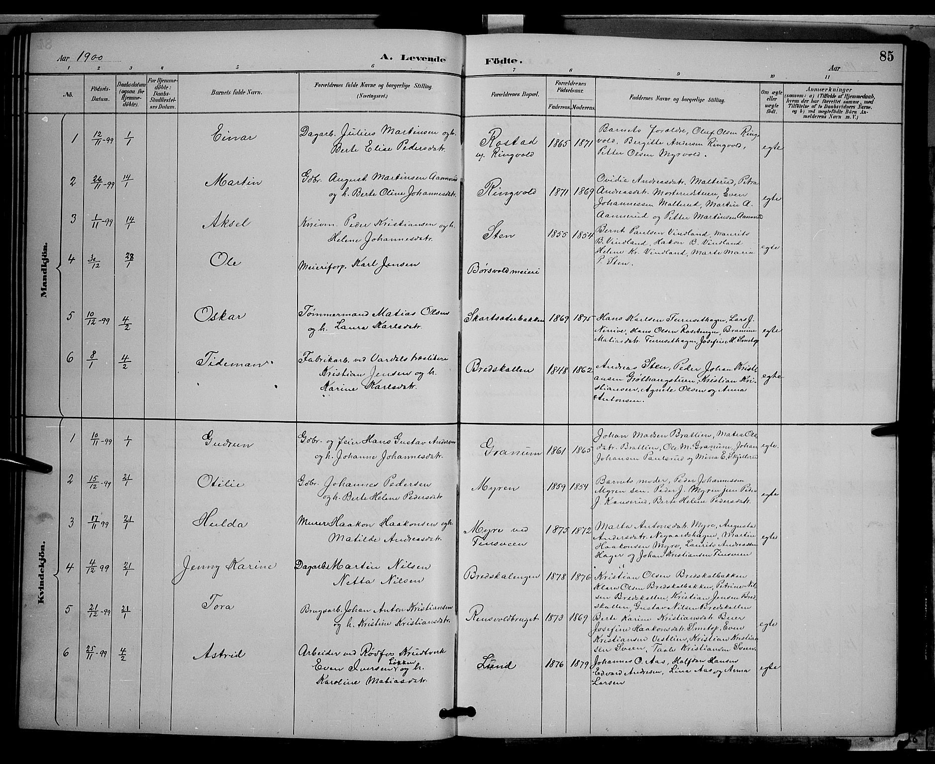 Vestre Toten prestekontor, SAH/PREST-108/H/Ha/Hab/L0009: Parish register (copy) no. 9, 1888-1900, p. 85