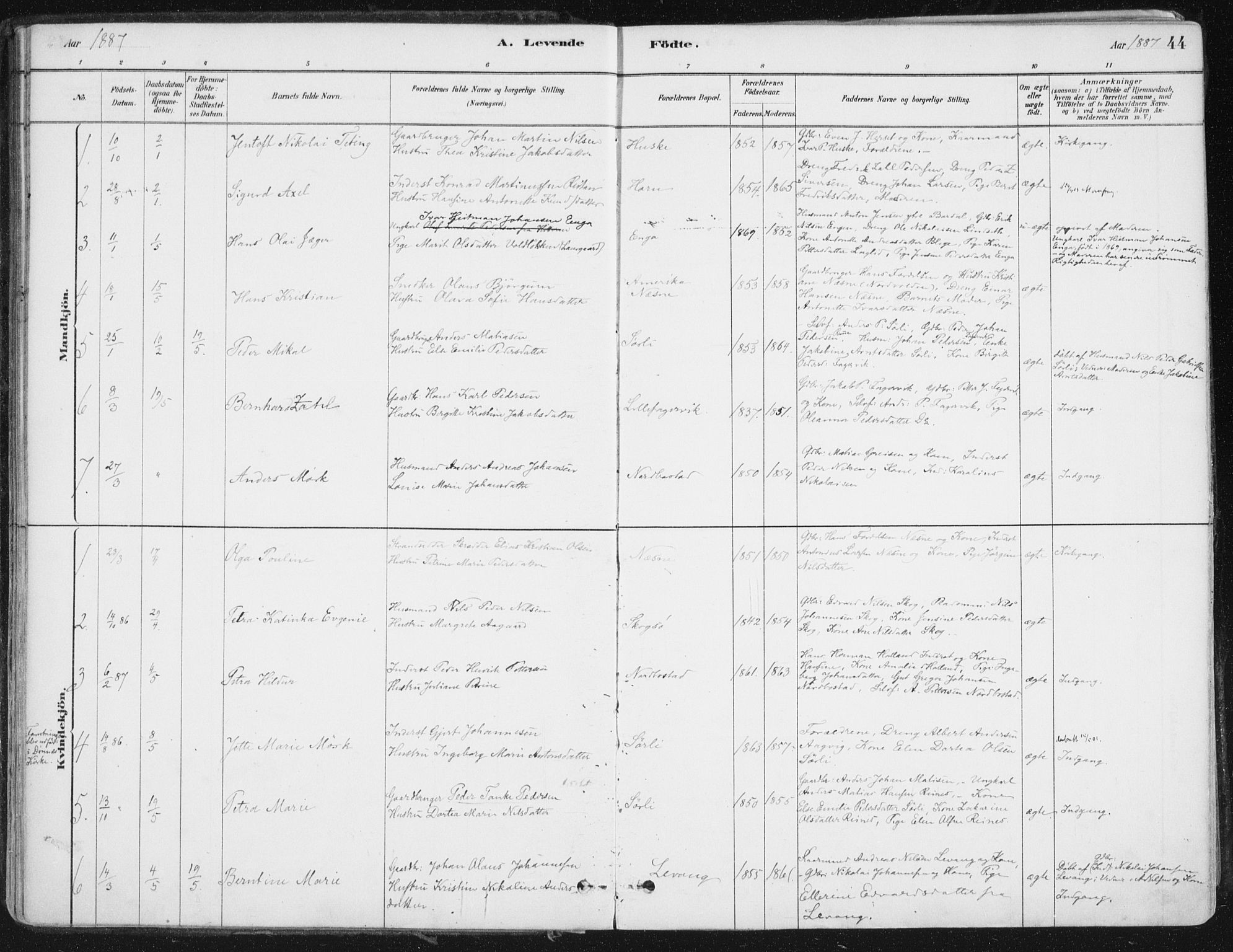 Ministerialprotokoller, klokkerbøker og fødselsregistre - Nordland, SAT/A-1459/838/L0552: Parish register (official) no. 838A10, 1880-1910, p. 44