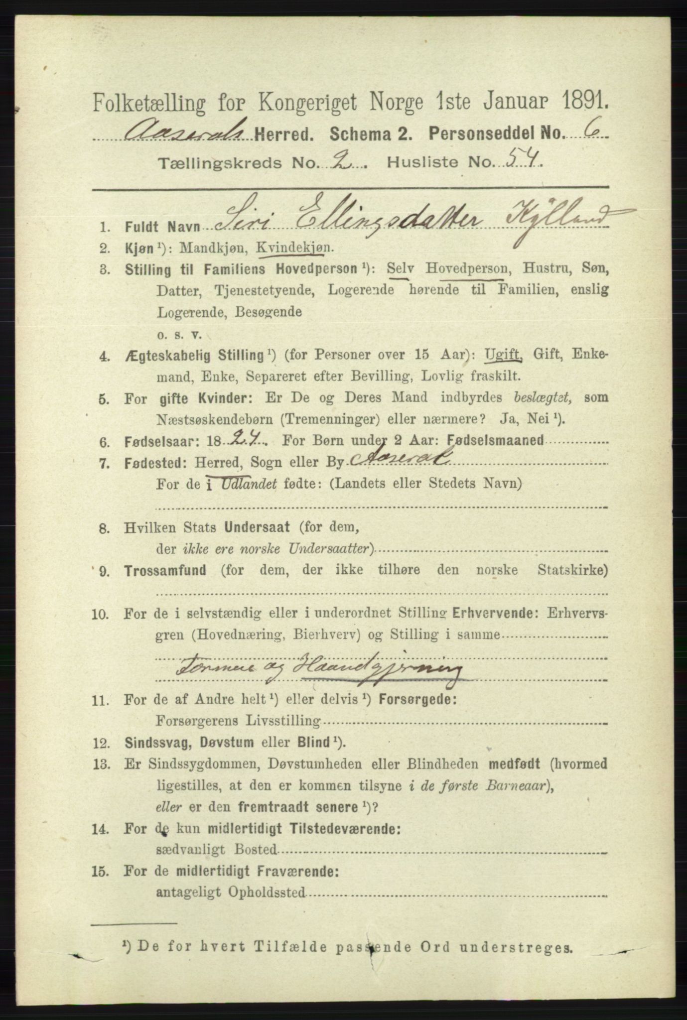 RA, 1891 census for 1026 Åseral, 1891, p. 719