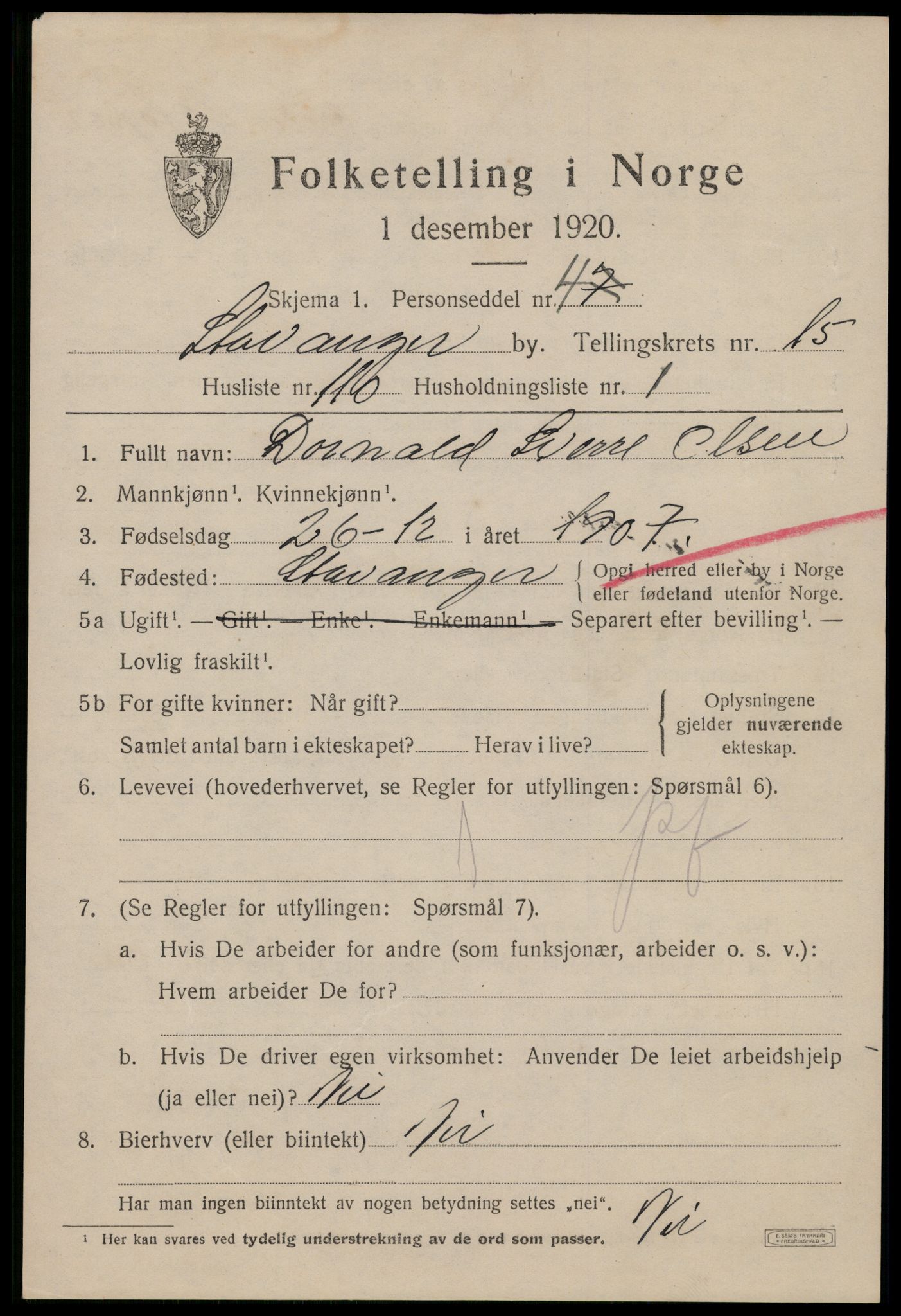 SAST, 1920 census for Stavanger, 1920, p. 63168