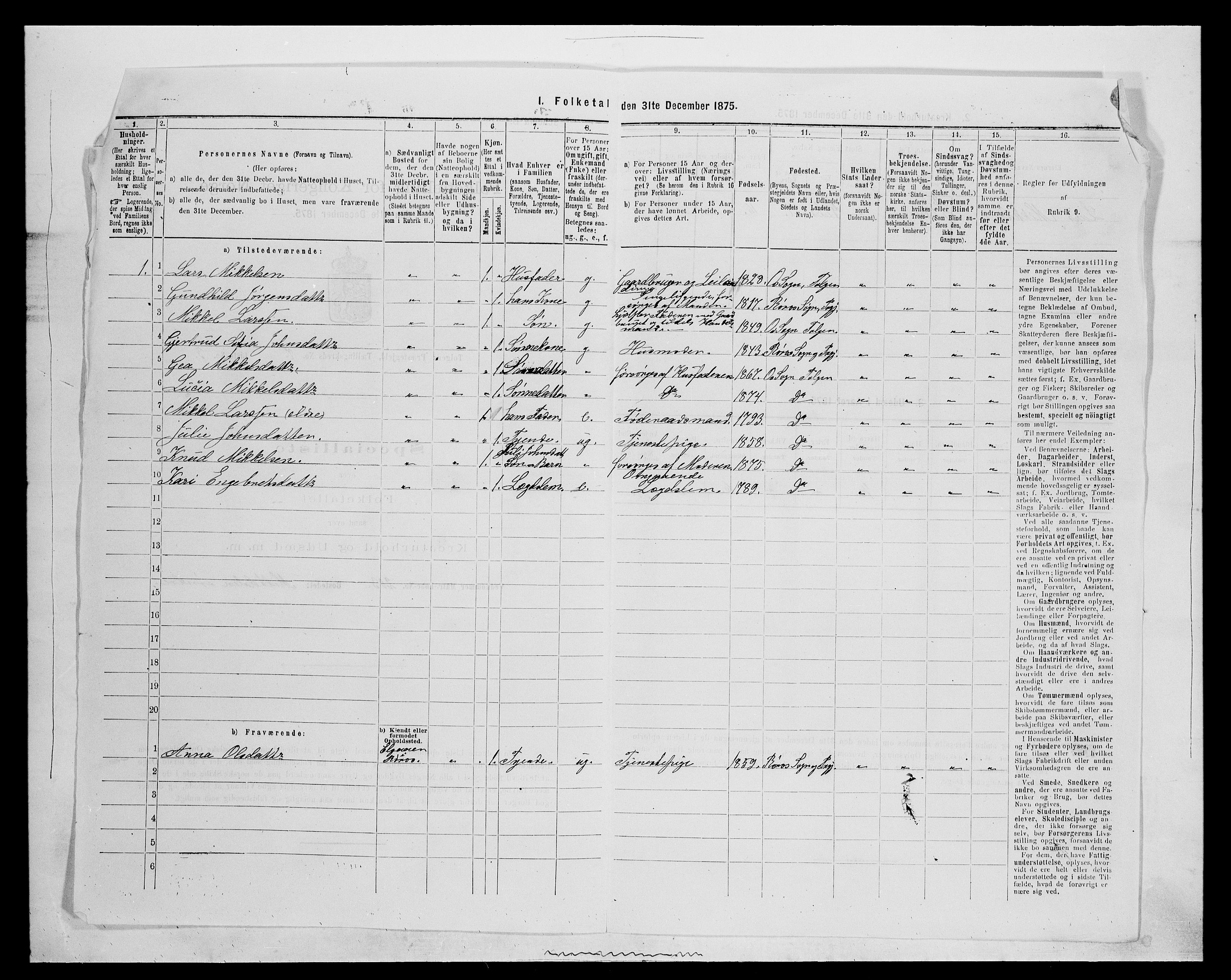 SAH, 1875 census for 0436P Tolga, 1875, p. 700