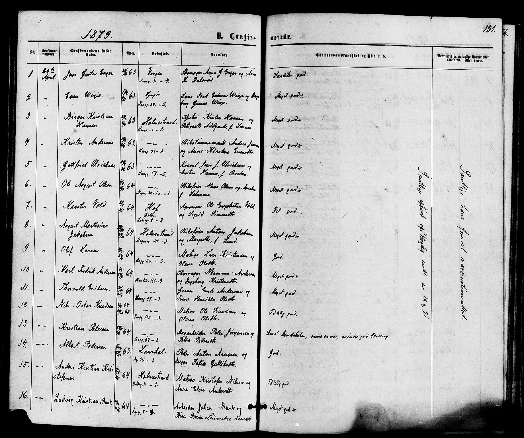 Holmestrand kirkebøker, SAKO/A-346/F/Fa/L0003: Parish register (official) no. 3, 1867-1879, p. 151