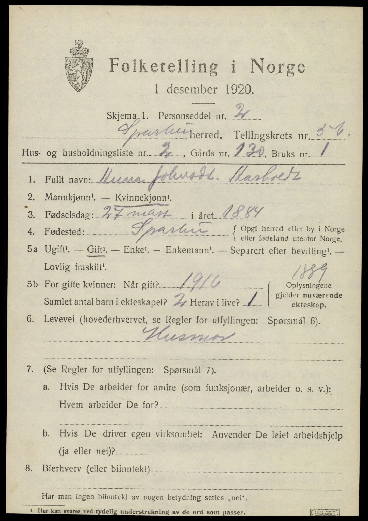 SAT, 1920 census for Sparbu, 1920, p. 6845