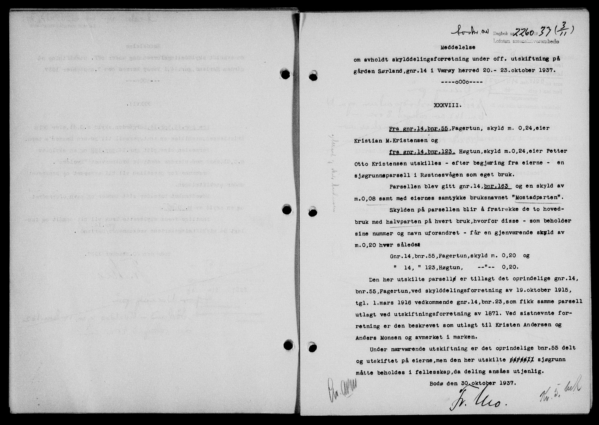 Lofoten sorenskriveri, SAT/A-0017/1/2/2C/L0003a: Mortgage book no. 3a, 1937-1938, Diary no: : 2260/1937