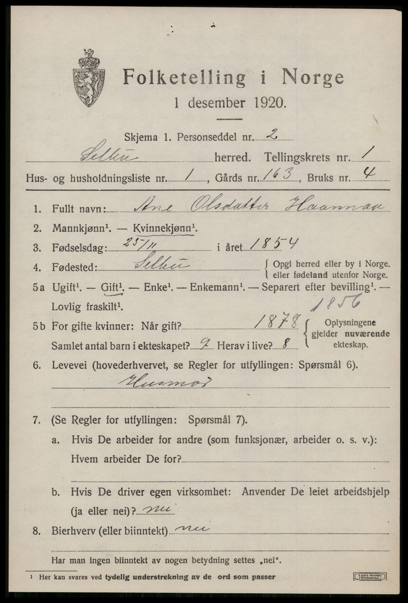 SAT, 1920 census for Selbu, 1920, p. 1676