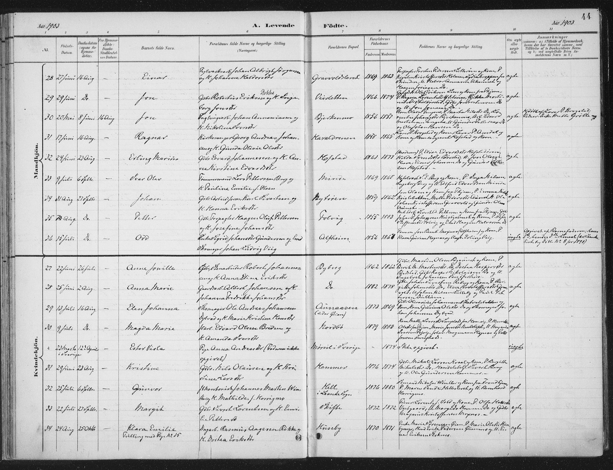 Ministerialprotokoller, klokkerbøker og fødselsregistre - Nord-Trøndelag, AV/SAT-A-1458/709/L0082: Parish register (official) no. 709A22, 1896-1916, p. 44