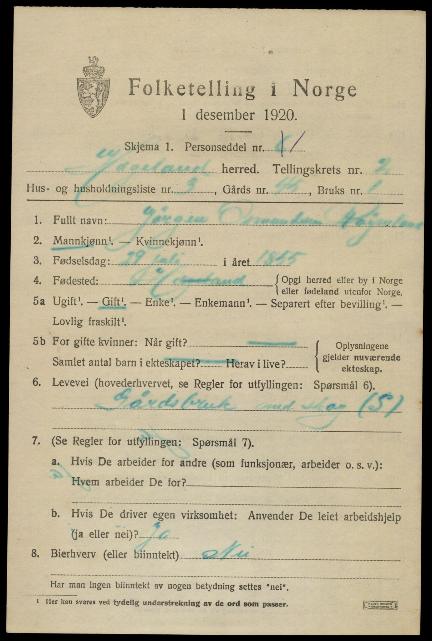 SAK, 1920 census for Hægeland, 1920, p. 621