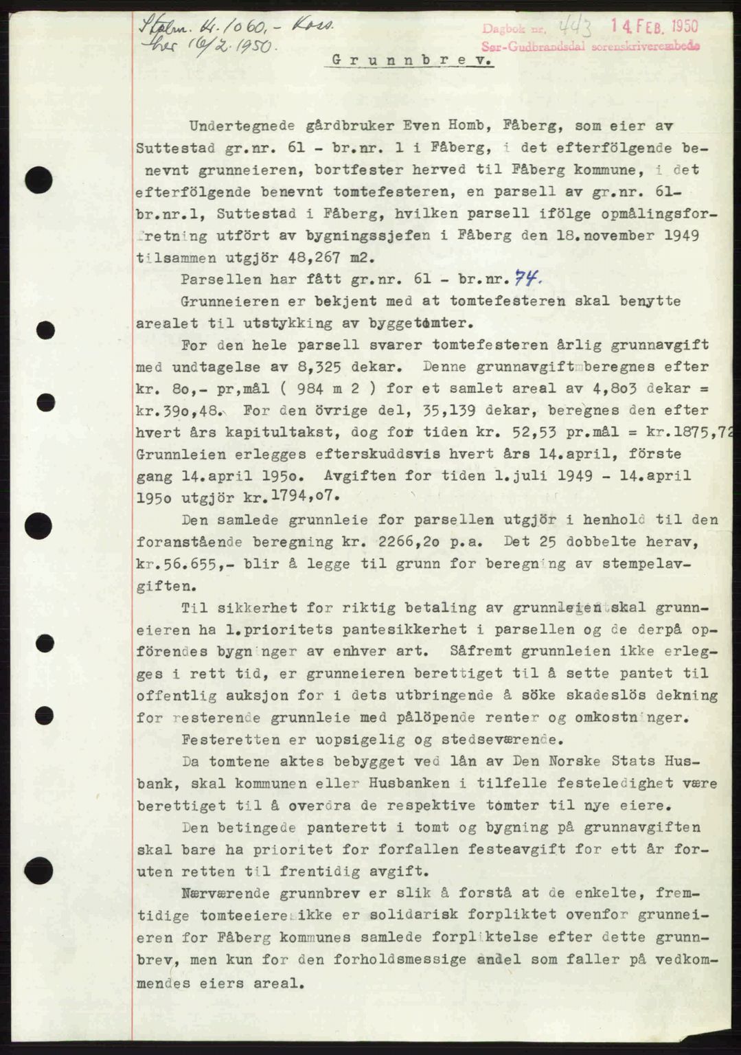Sør-Gudbrandsdal tingrett, AV/SAH-TING-004/H/Hb/Hbd/L0027: Mortgage book no. A27, 1949-1950, Diary no: : 443/1950