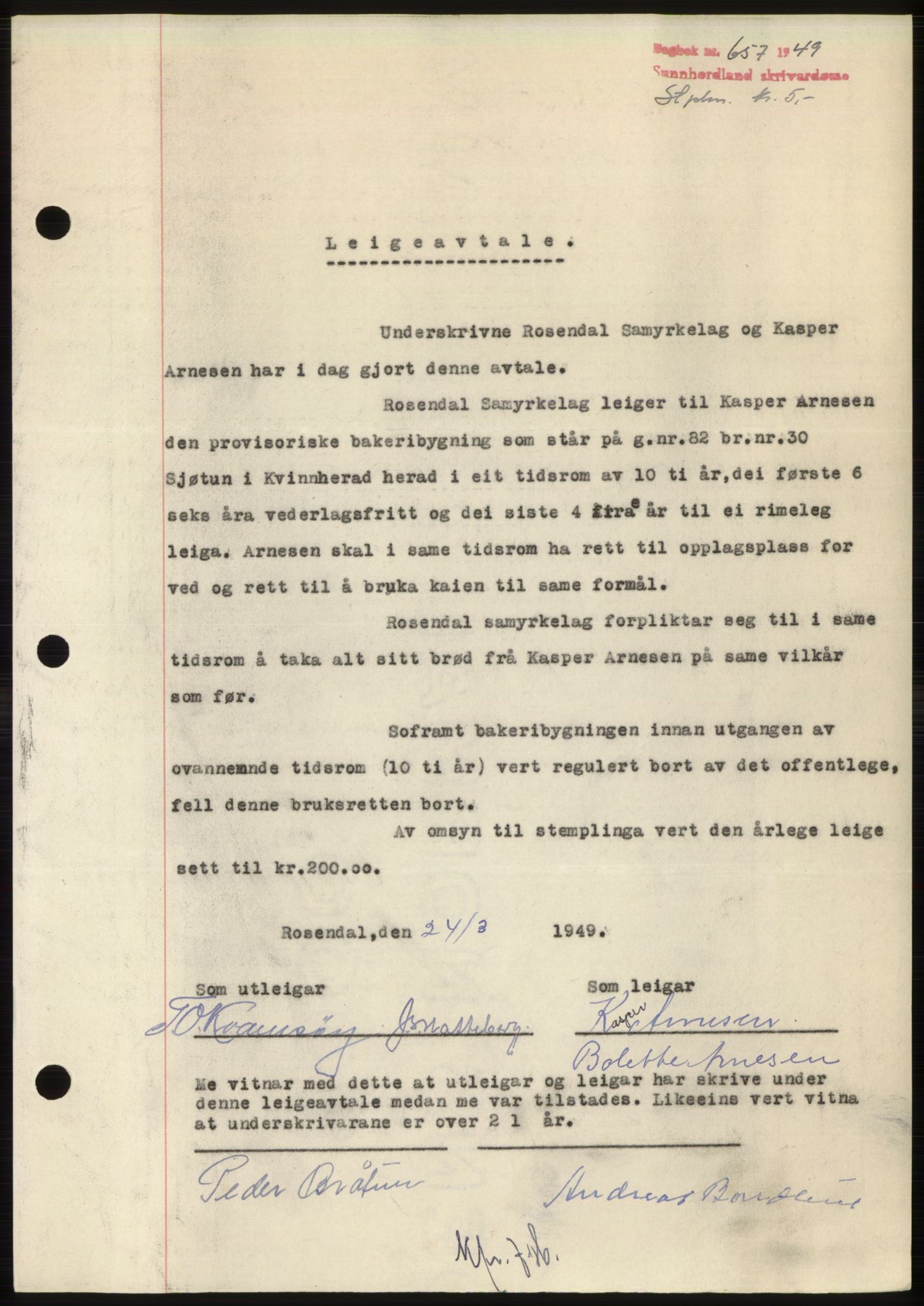 Sunnhordland sorenskrivar, AV/SAB-A-2401: Mortgage book no. B75-79, 1948-1950, Diary no: : 657/1949