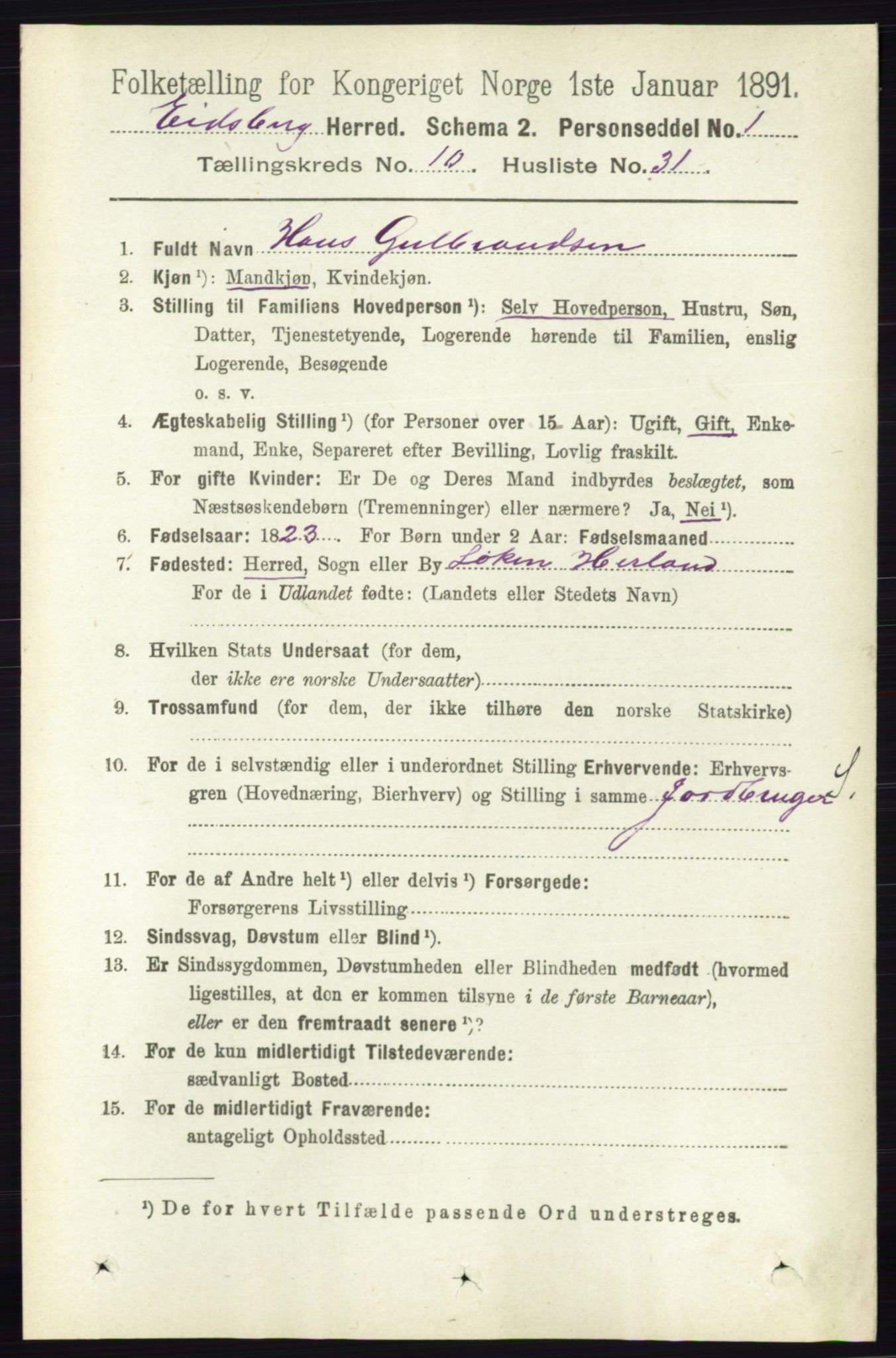 RA, 1891 census for 0125 Eidsberg, 1891, p. 5848
