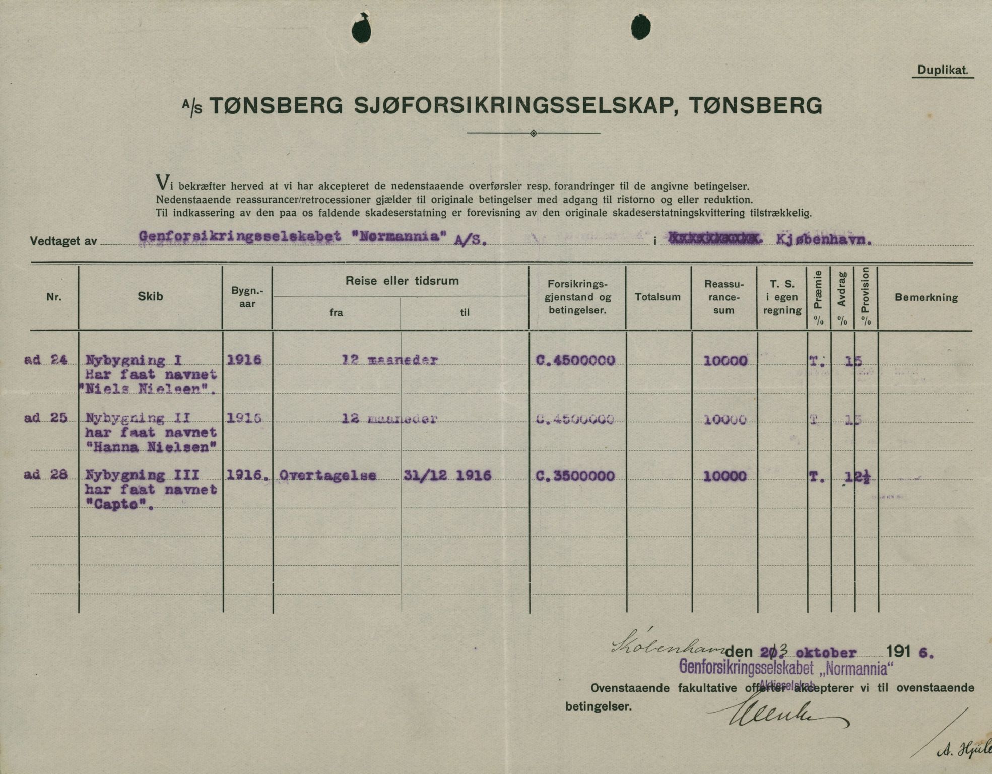 Pa 664 - Tønsberg Sjøforsikringsselskap, VEMU/A-1773/F/L0001: Forsikringspoliser, 1915-1918