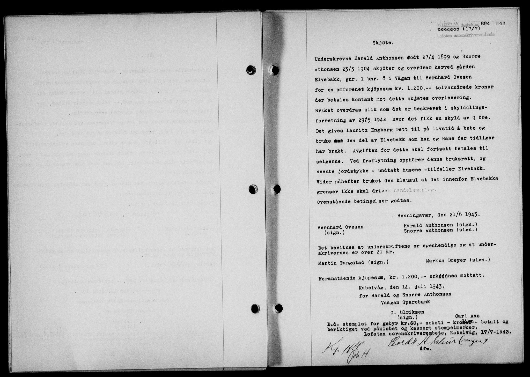 Lofoten sorenskriveri, SAT/A-0017/1/2/2C/L0011a: Mortgage book no. 11a, 1943-1943, Diary no: : 894/1943