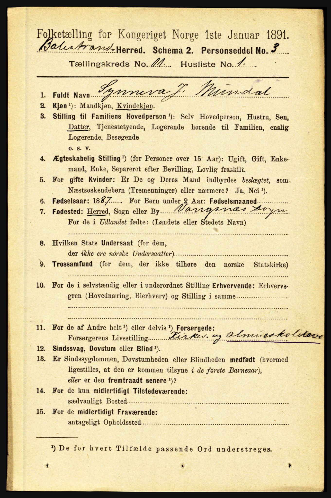 RA, 1891 census for 1418 Balestrand, 1891, p. 2462