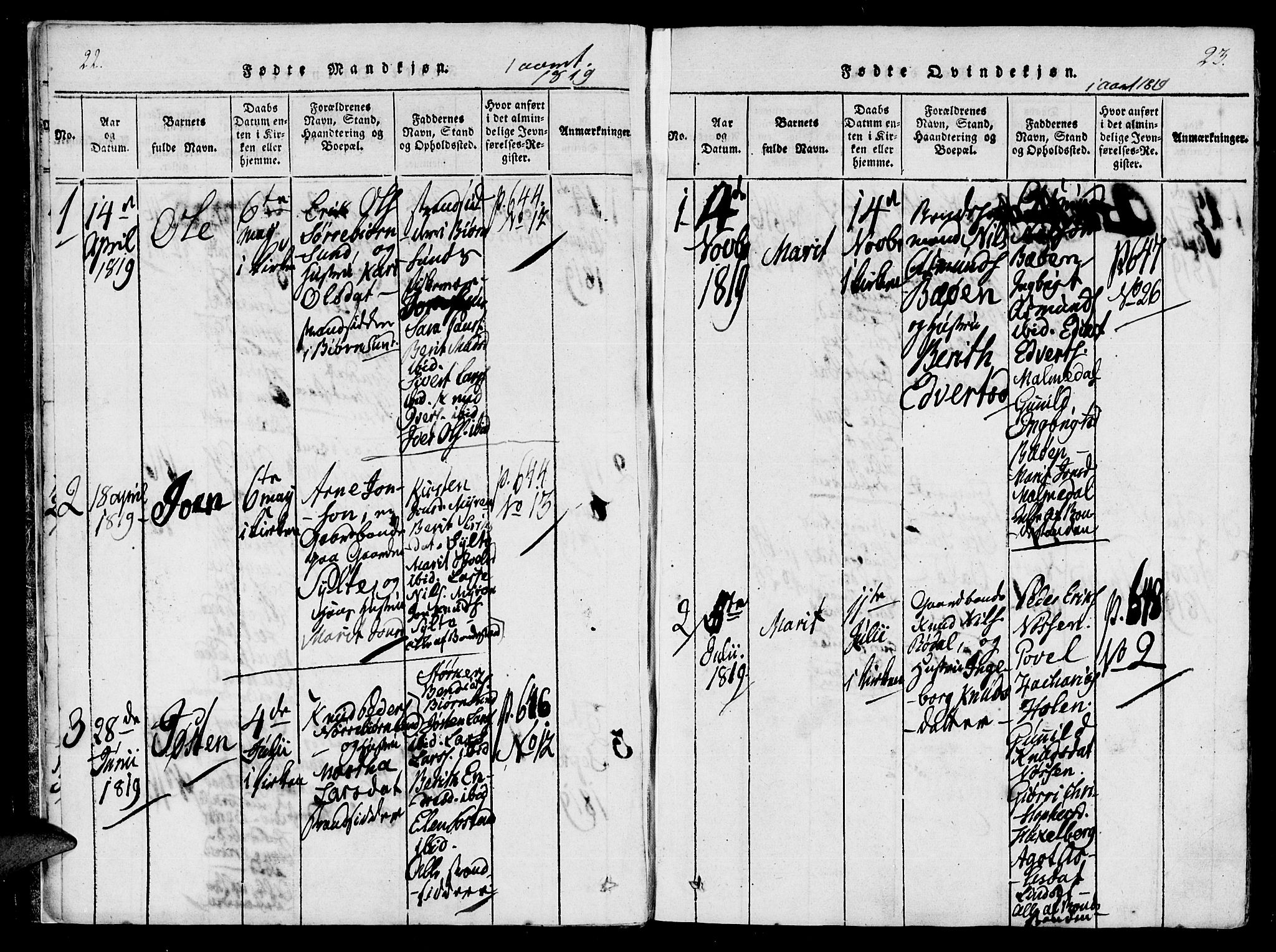 Ministerialprotokoller, klokkerbøker og fødselsregistre - Møre og Romsdal, SAT/A-1454/565/L0747: Parish register (official) no. 565A01, 1817-1844, p. 22-23